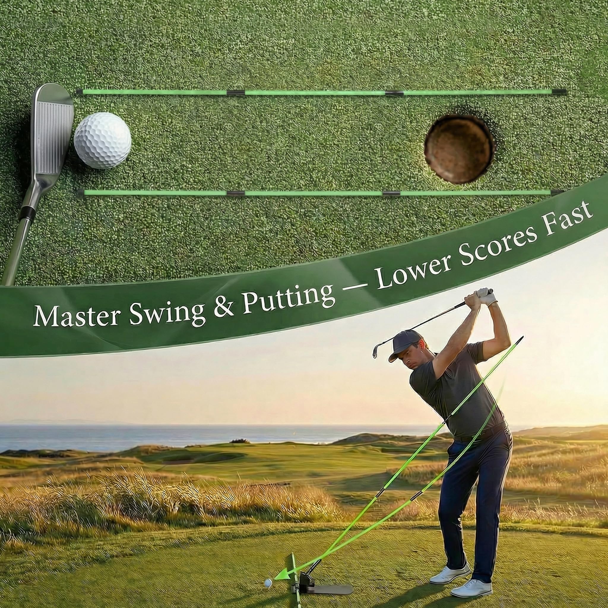 Soporte para palos de alineación de golf con ángulo ajustable, ayuda de entrenamiento de swing de golf para apuntar a putt, ayuda de entrenamiento de golf con 2 palos de alineación y bolsa portátil