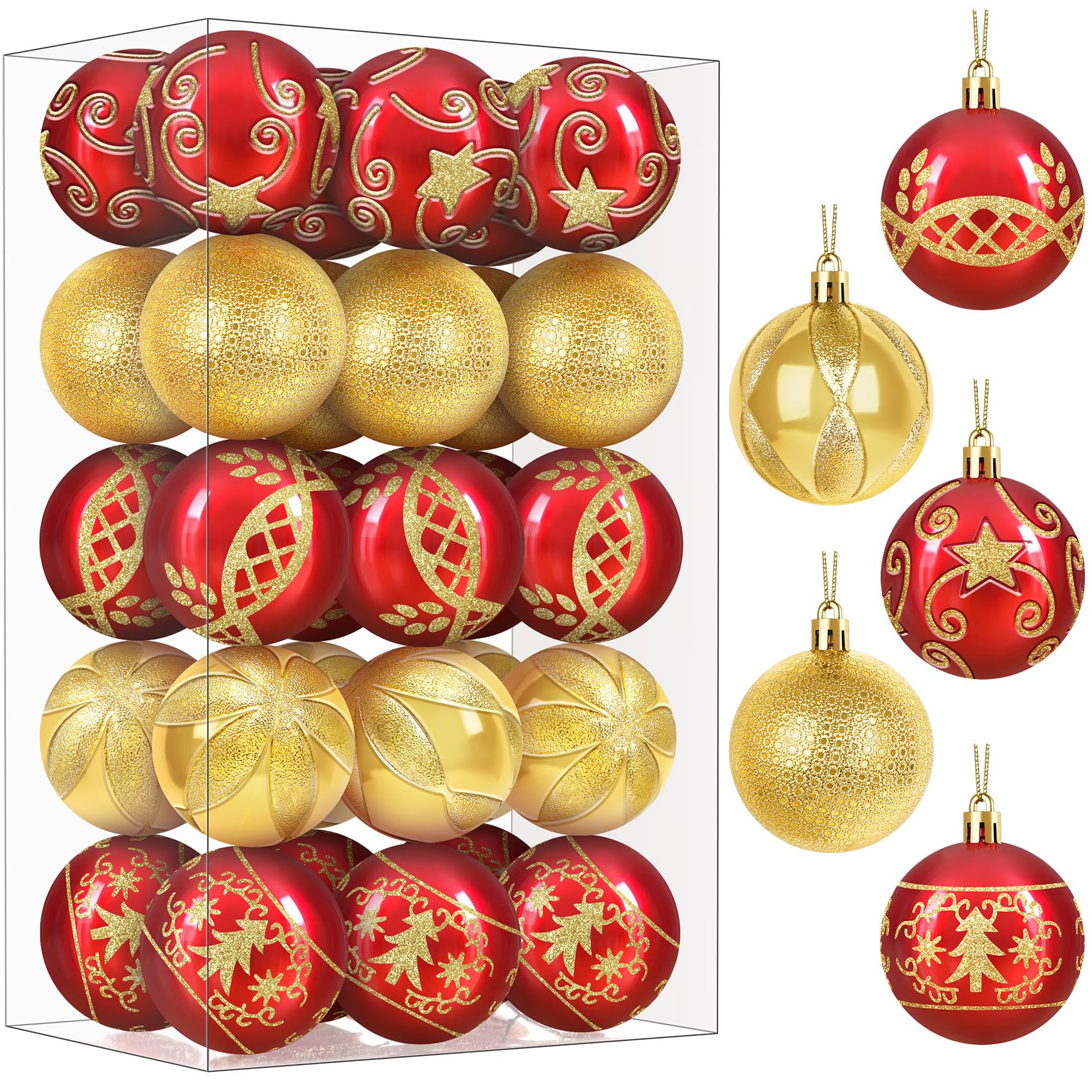 Bolas de Navidad Rojas y Doradas 6cm 30 Piezas, Bolas Arbol de Navidad Adornos Arbol Navidad Plástico Grandes con Cuerda, Adornos Navideños Arbol para Decoracion Arbol Navidad Interior y Exterior