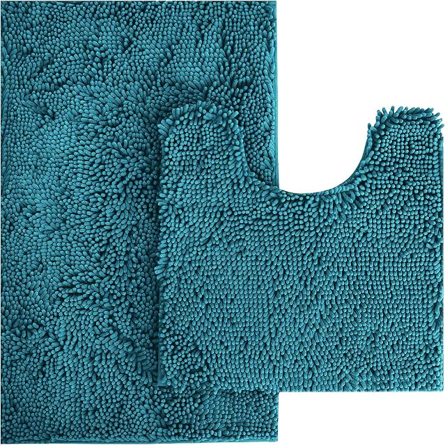 Towelogy® 2 Piece Bath Mat & Pedestal Rugs Microfibre Shaggy Non Slip Chenille Rug For Bathroom Doormats & Tub Shower Machine Washable (Pack Of 2) (Turquoise, 50x80cm & 50x40cm)