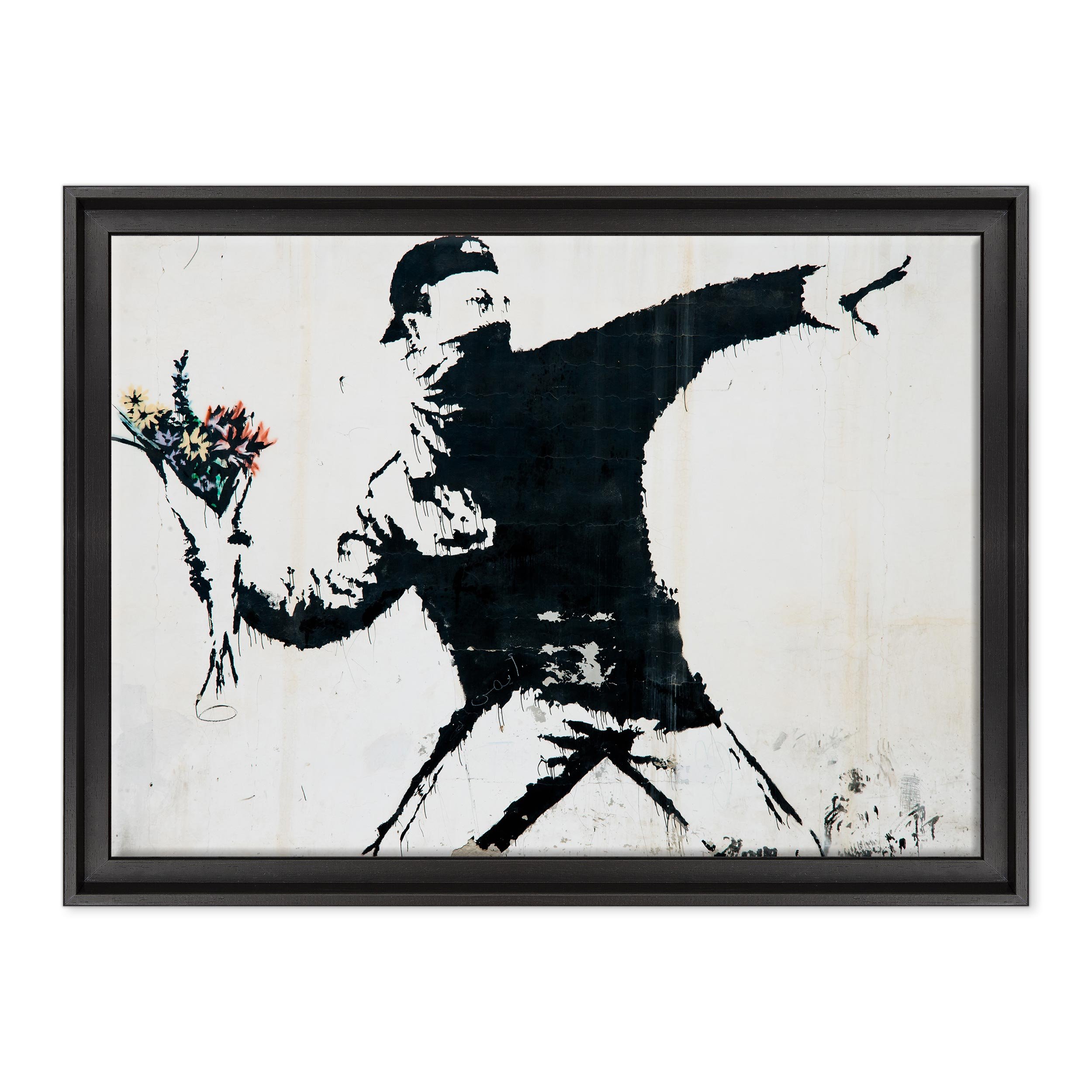 Tableau Toile Banksy Lanceur De Fleurs 50x70cm - Street Art Avec Cadre Noir Moderne - Œuvre Ready To Hang