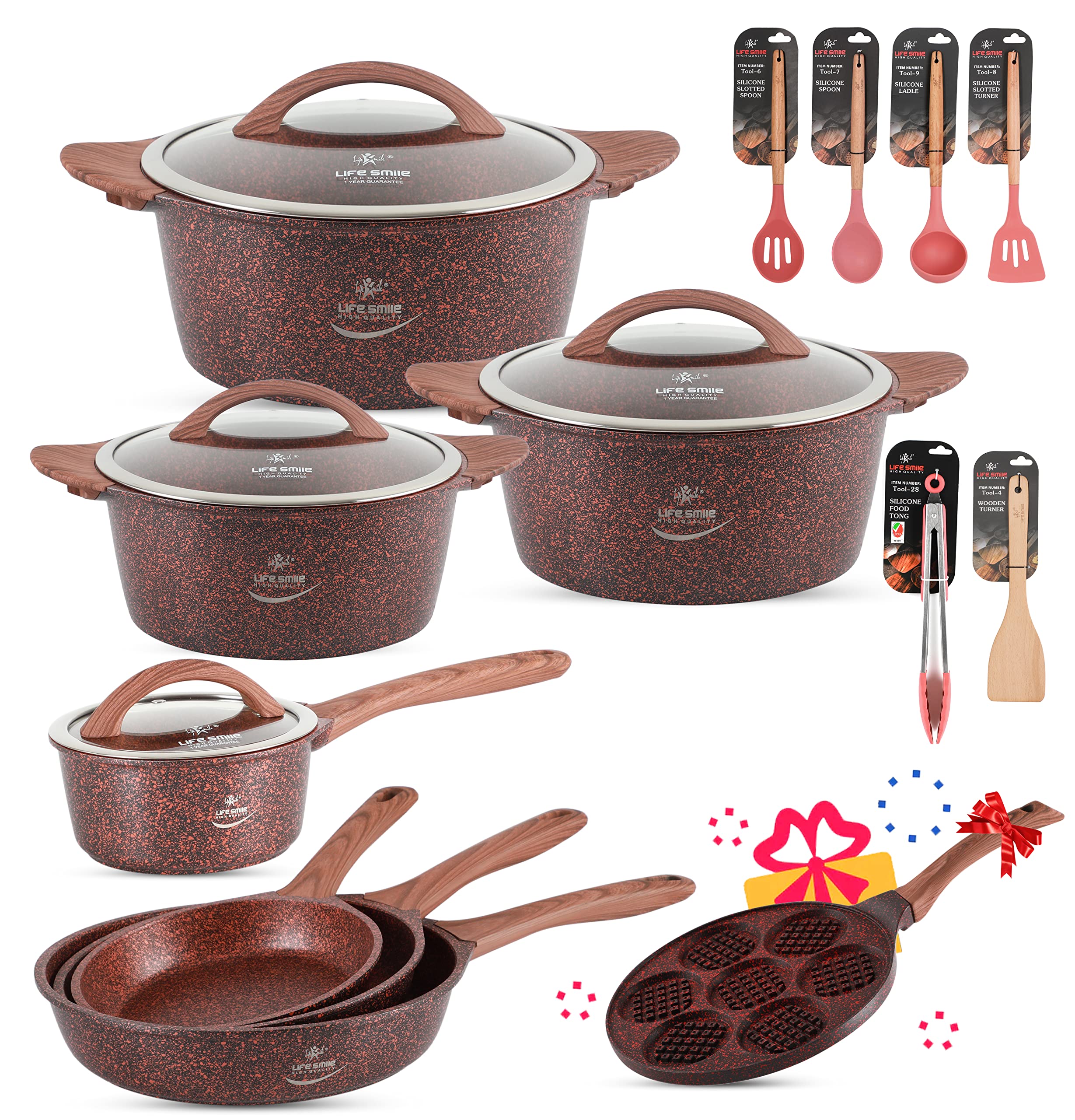 Cookware Set 17 pieces-LIFE SMILE Pots and Pans set Induction Bottom, Granite Non Stick Coating 100% PFOA FREE, Cooking Set include Casseroles & Fry Pans & Sauce Pan & Kitchen Utensils (Red)