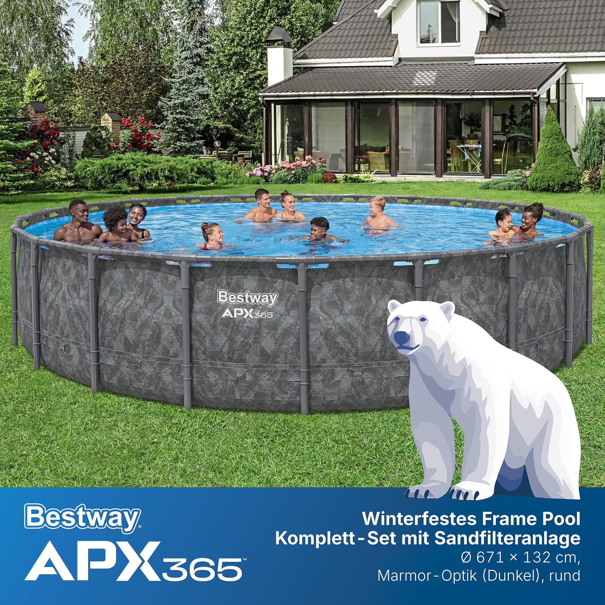 Bestway APX365 Winterfestes Frame Pool Set, Ø 671 x 132 cm, 40.377 Liter, Sandfilteranlage, Korrosionsbeständiger Stahlrahmen, ClickConnect System, Sicherheitsleiter, Abdeckplane, Filterbälle