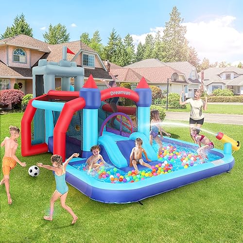 Miniatura 2 de DREAMVAN Parque inflable de tobogán acuático, casa de rebote para niños con toboganes, pared de escalada, piscina de salpicaduras, cañón, área de