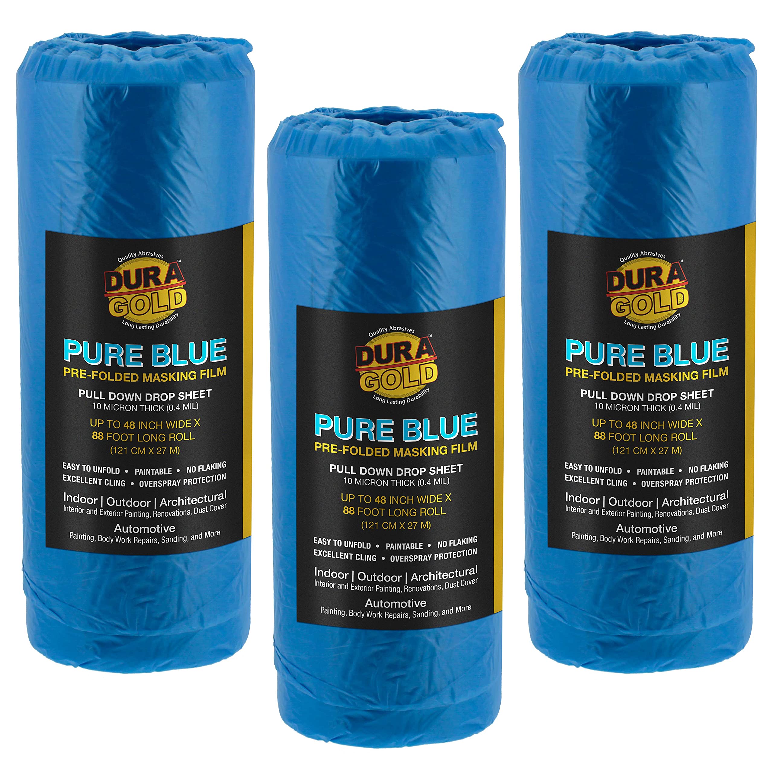 Dura-Gold 48" x 88' Pure Blue Pre-Folded Masking Film, (3 Pack) Painters Plastic Roll (0.4 Mil), Pull Down Drop Sheet, Pre-Folded Plastic Sheeting for