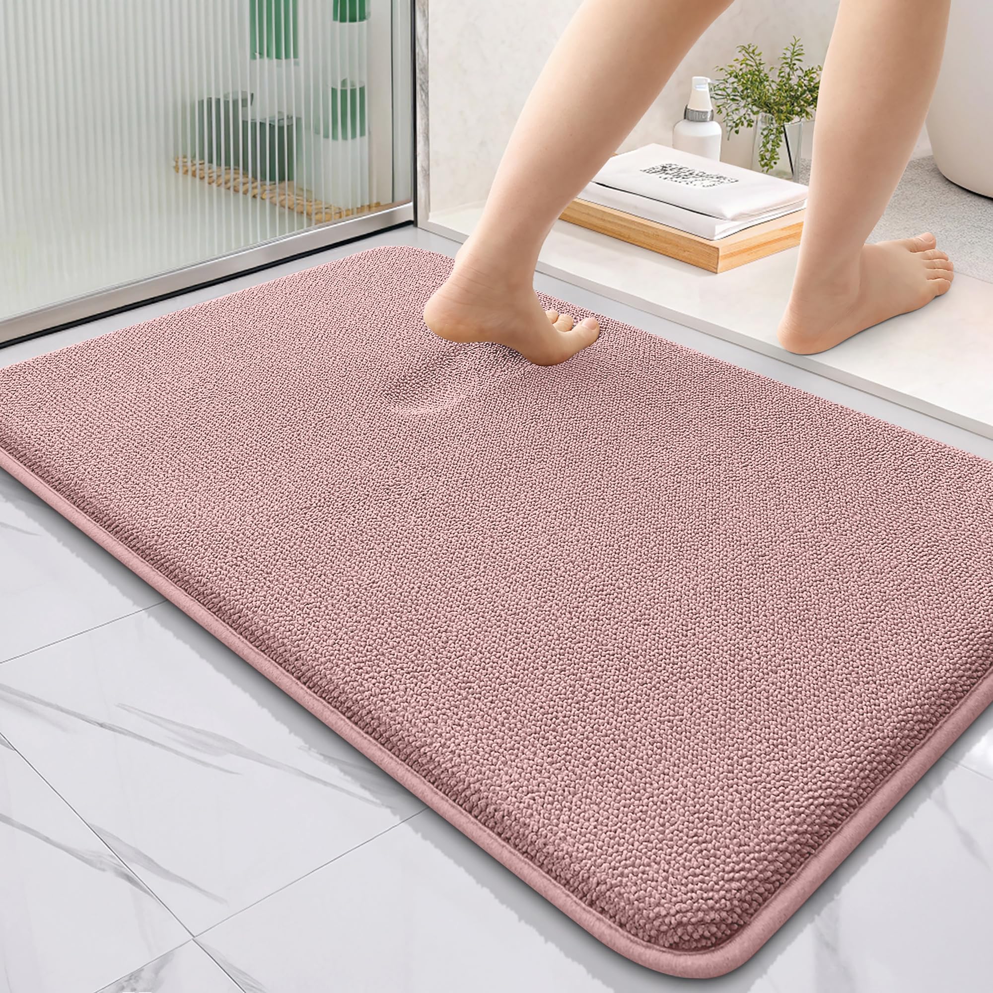 OLANLY Thick Memory Foam Bathroom Rug 36x24, Absorbent Bath Mat, Dusty Rose