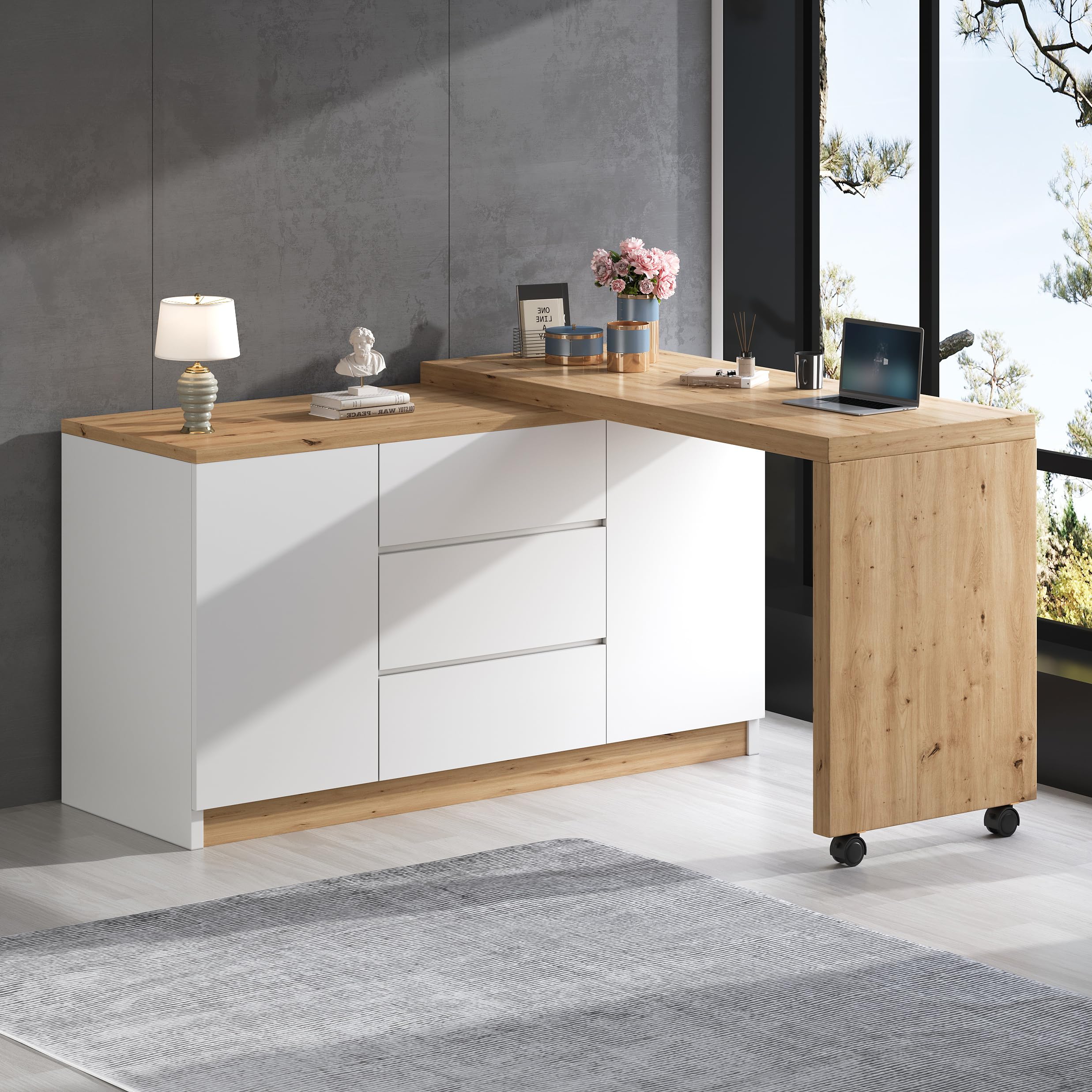 Lexiou Escritorio con ruedas con bloqueo, diseño multifuncional, 4 cm más grueso, mesa giratoria con bloqueo fijo, escritorio plegable, escritorio de esquina, aparador (roble + blanco)
