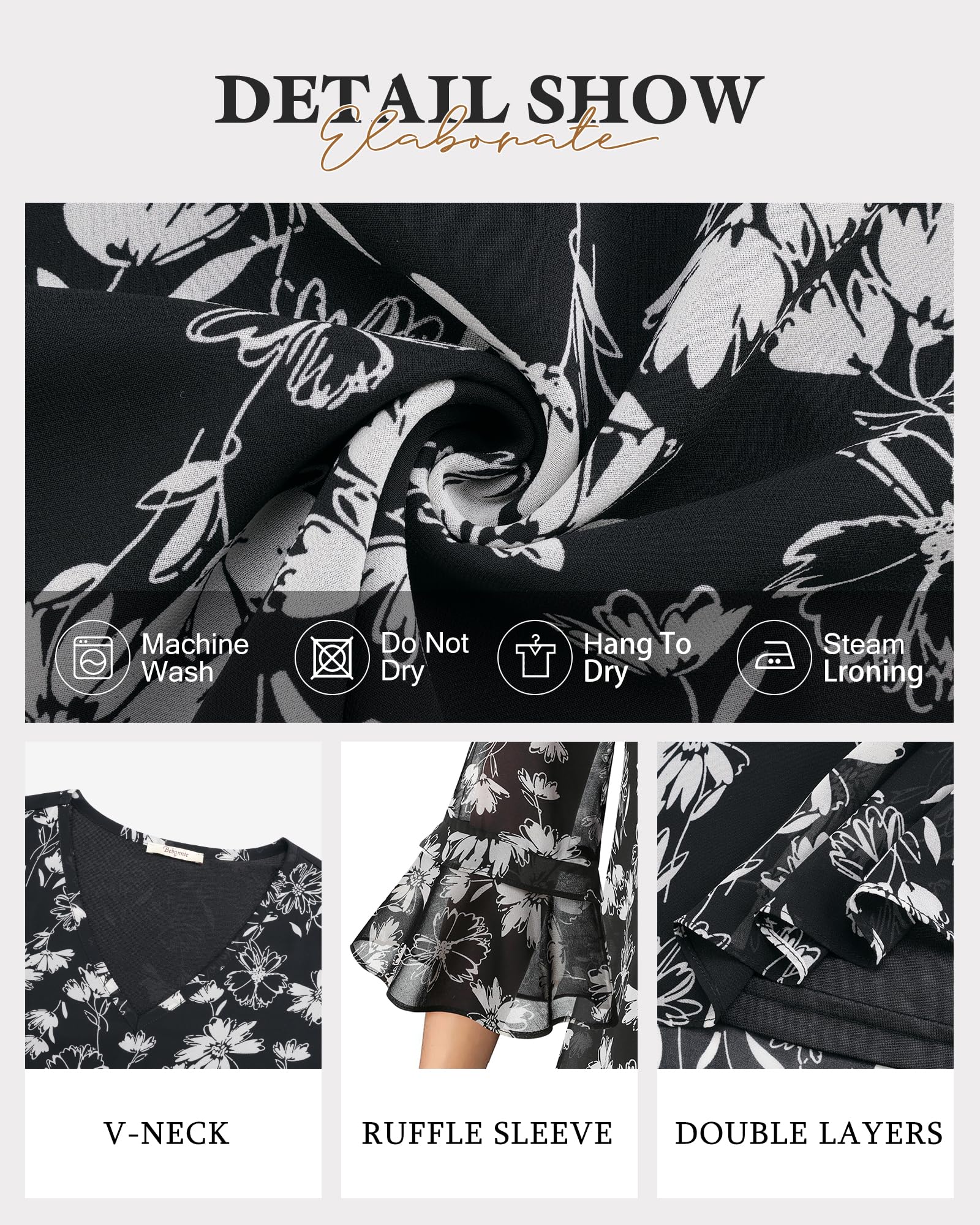 Bebonnie Camicette da donna eleganti e casual, con maniche a 3/4, scollo a V, in chiffon
