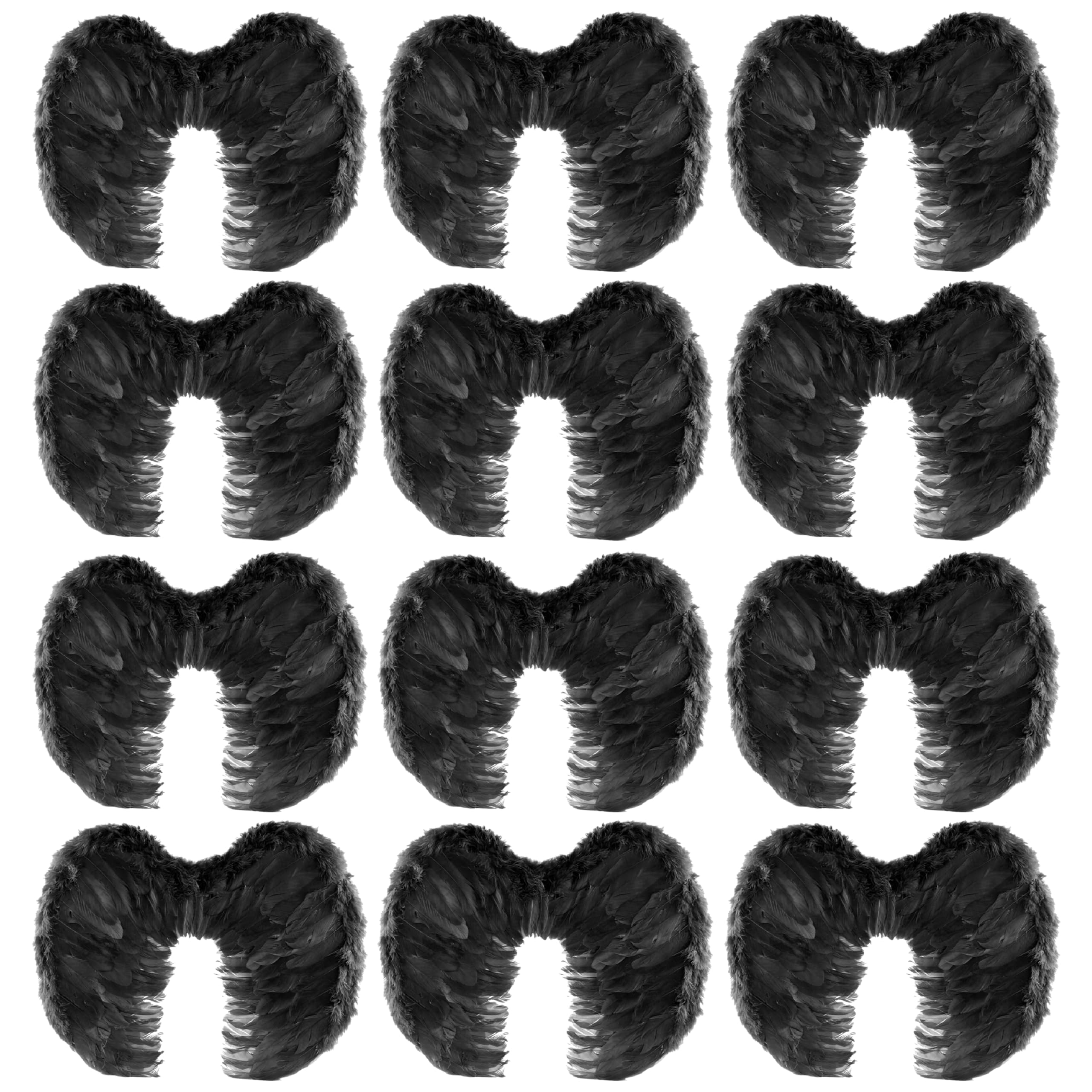 Black Feather Wings - Pack of 12 - Large Black Feathered Wings with Elasticated Straps - Dark Angel Halloween Fancy Dress Costume Accessory