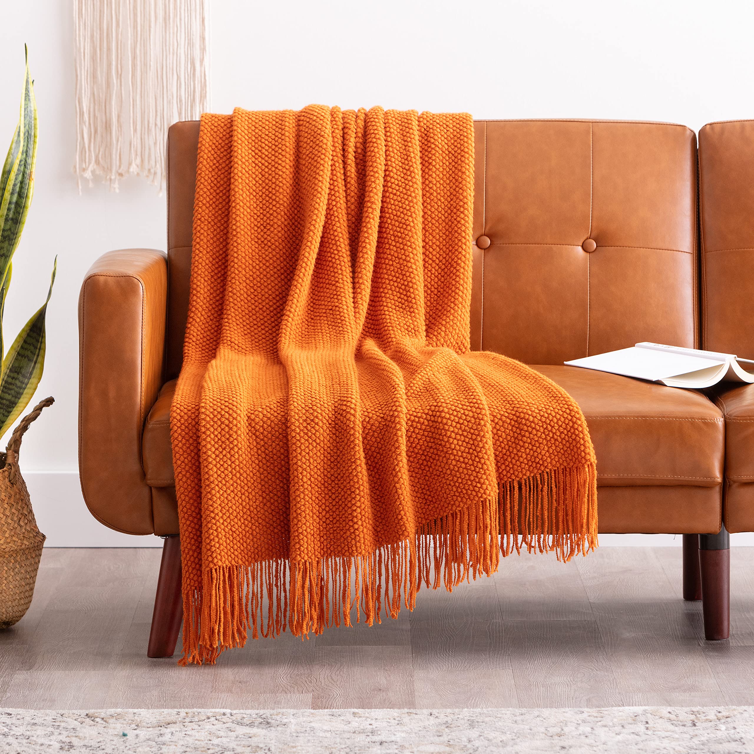 Chanasya Textured Knitted Orange Throw Blanket with Tassels - Soft Acrylic Bohemian Farmhouse Chic Accent Throws - Decorative for Sofa Chair Couch Bed Living Room (50x65 Inch) Boho Orange Blanket