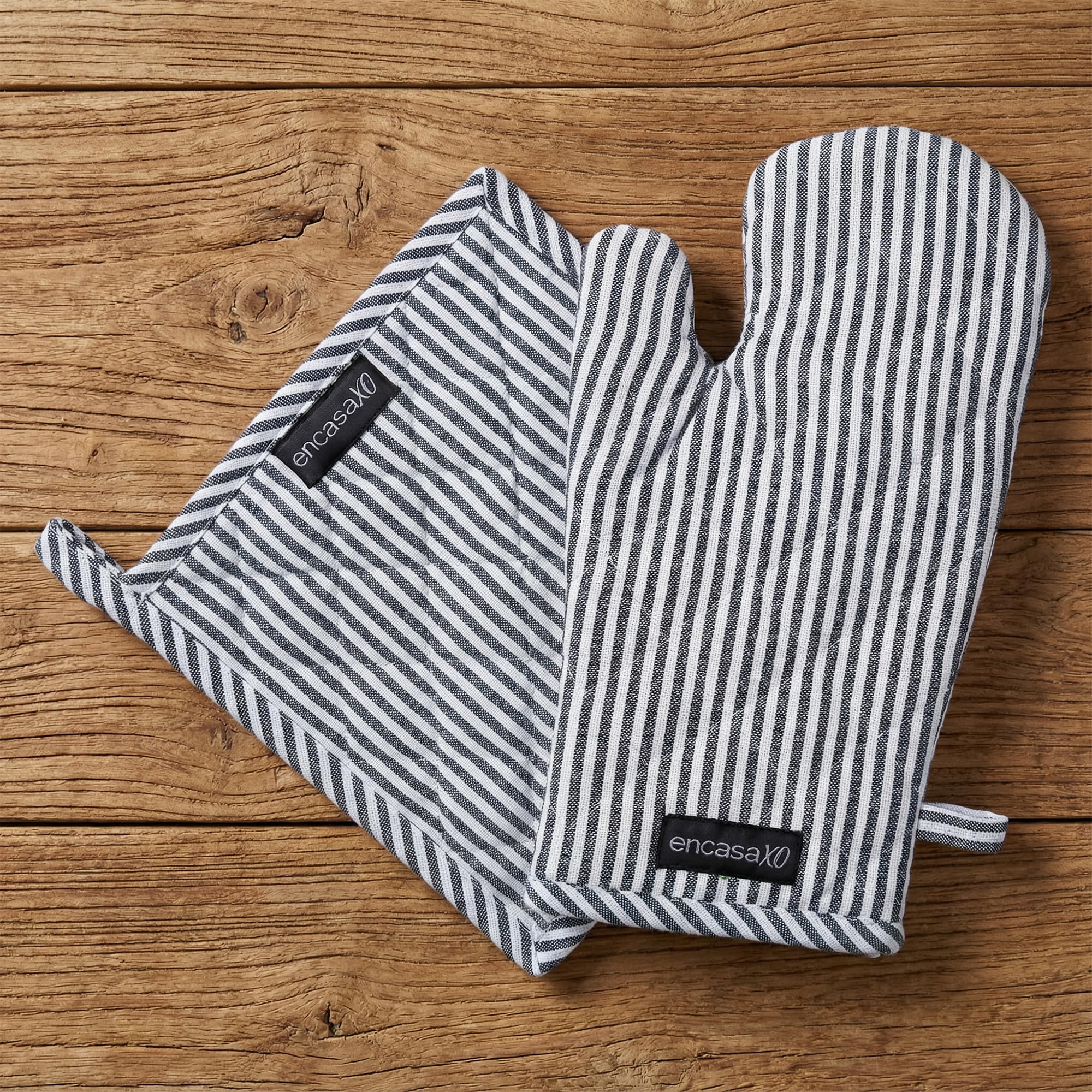 Encasa XO Heat Resistant 100% Cotton Oven Glove & Potholder Set with Loop, Kitchen Cooking Mittens, Microwave Safe Hot Pads - Ticking Navy Blue, 18x30 cm, (Pack of 2)