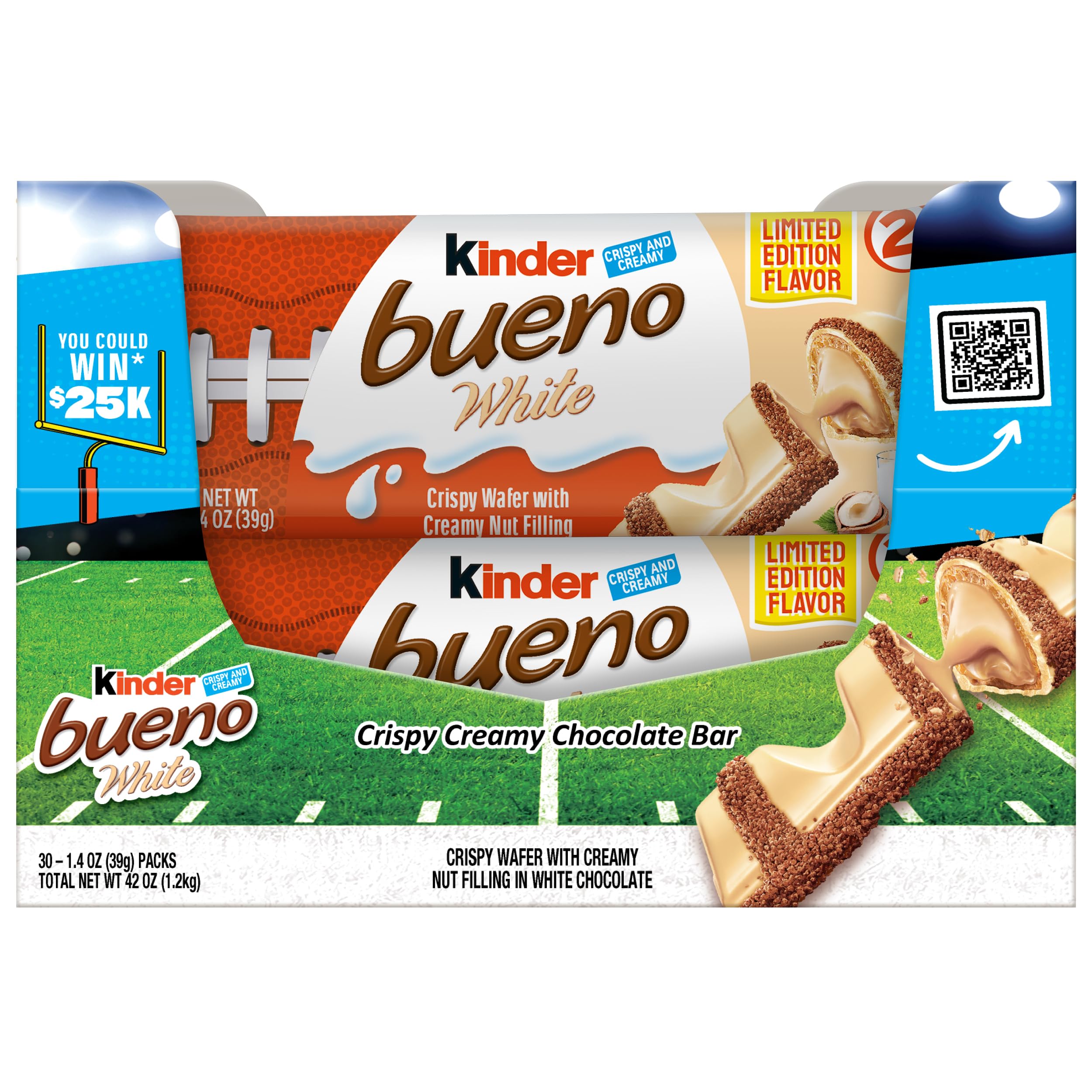 Kinder Bueno White Chocolate Bars with Hazelnut Filling, 30 Packs of 2, Bulk Chocolate Candy Bars for Game Day, Football Party Supplies, Snacks for Adults, 1.4 oz Per Pack