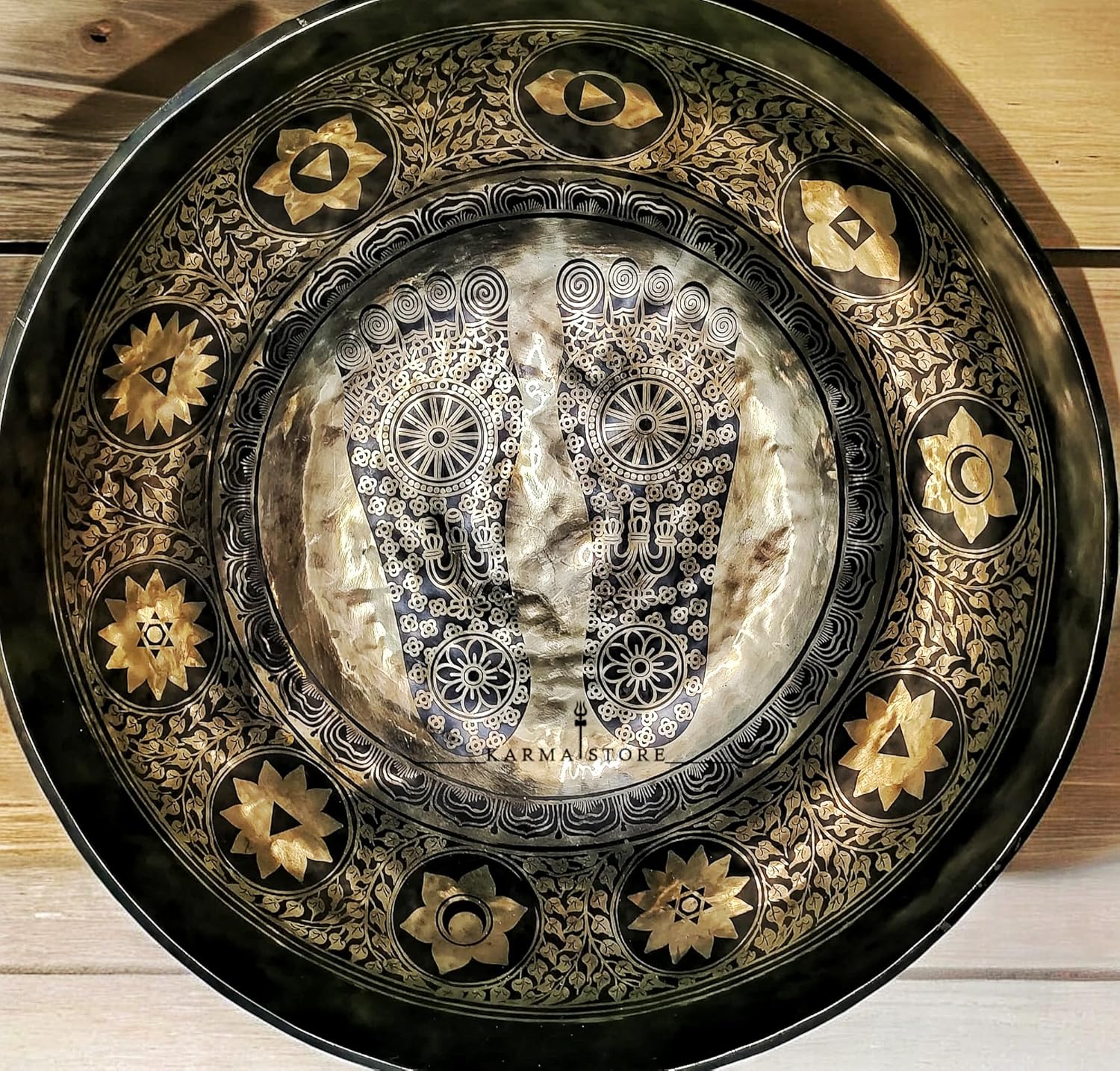 Large Singing Bowl - 20 Inches in Diameter - Buddha's Feet Etched by Artisans from Nepal - For Healing, Sound Bath, Yoga, Relaxation, and Meditation Gold