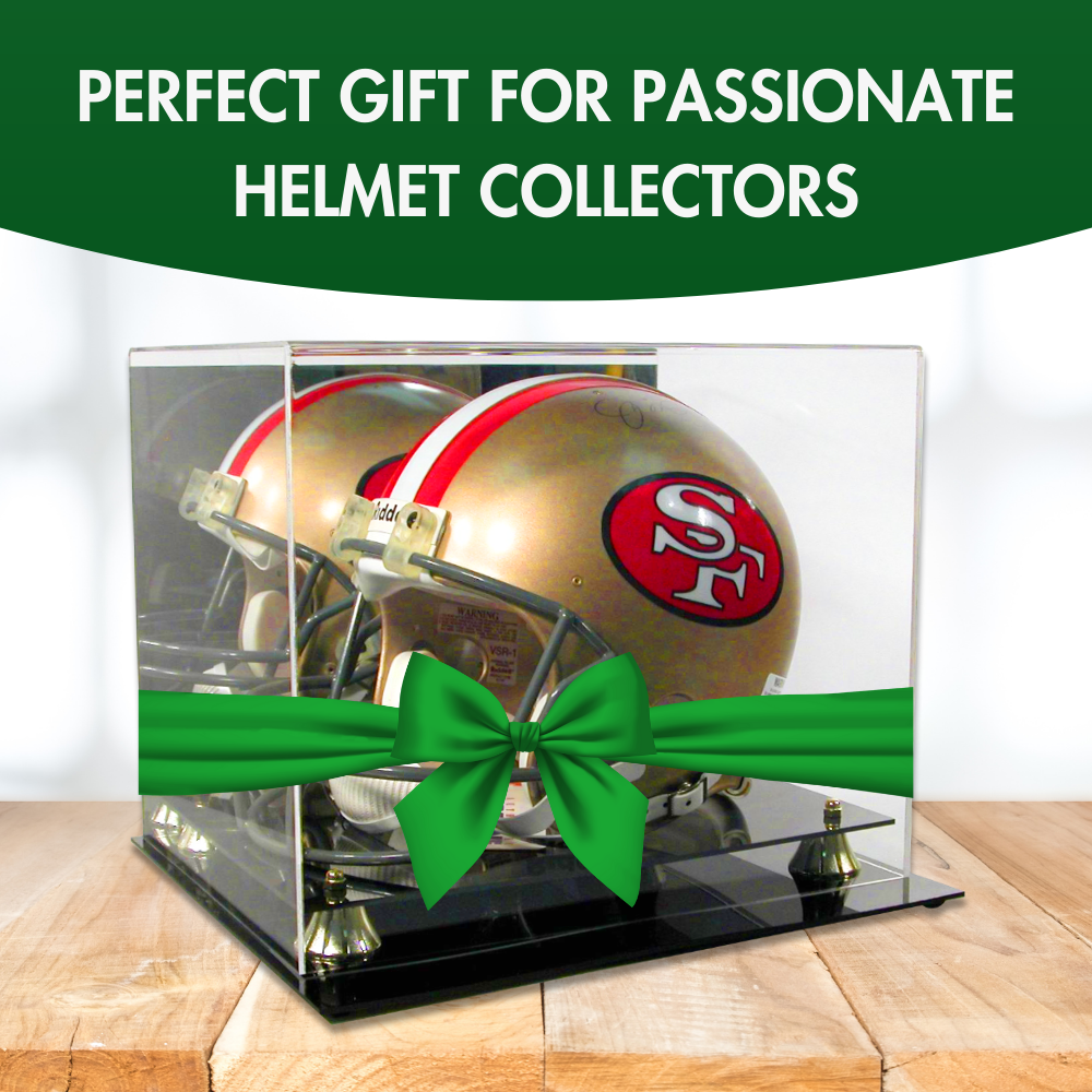 Collectible Supplies Football Helmet Display Case Full Size | Crystal Clear Acrylic Display Case | Dual Layered Black Base Helmet Case with Gold Risers | Counter Helmet Display