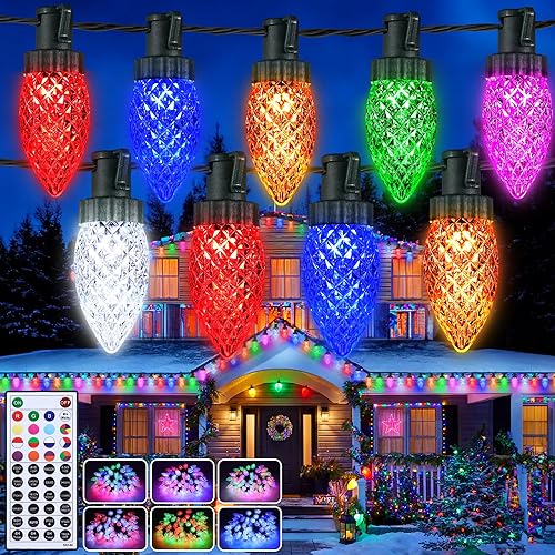 iBaycon Luces de Navidad RGB C9, 98 pies, 150 luces LED que cambian de color, control remoto, impermeable, para exteriores, cadena de luces C9 para