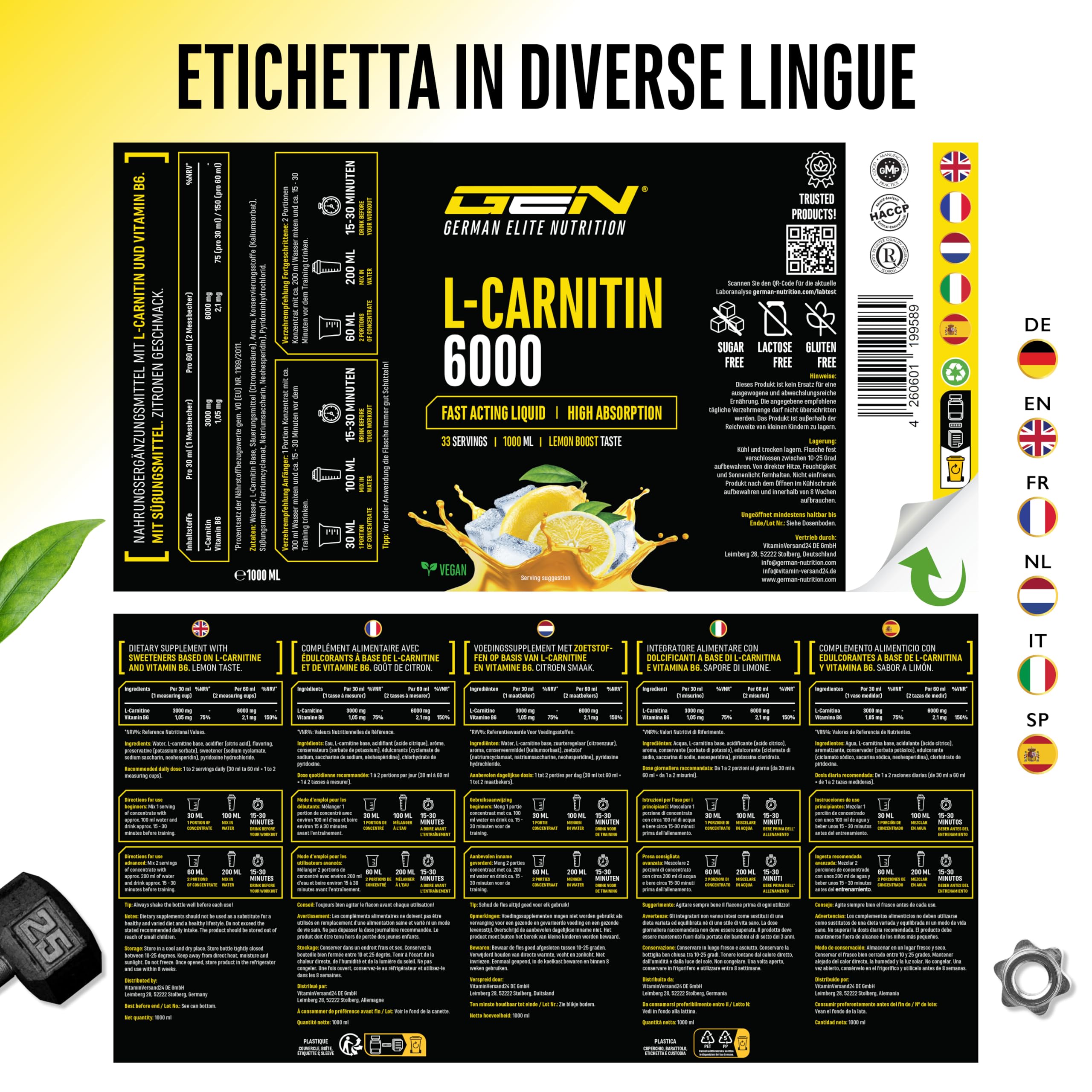 L-Carnitina 6000 Liquido - 1000 ml - Dosaggio extra elevato con 6000 mg di L-carnitina pura per dose giornaliera - Bevanda aminoacida per l'allenamento - Gusto delizioso (Lemon Boost) - Vegano