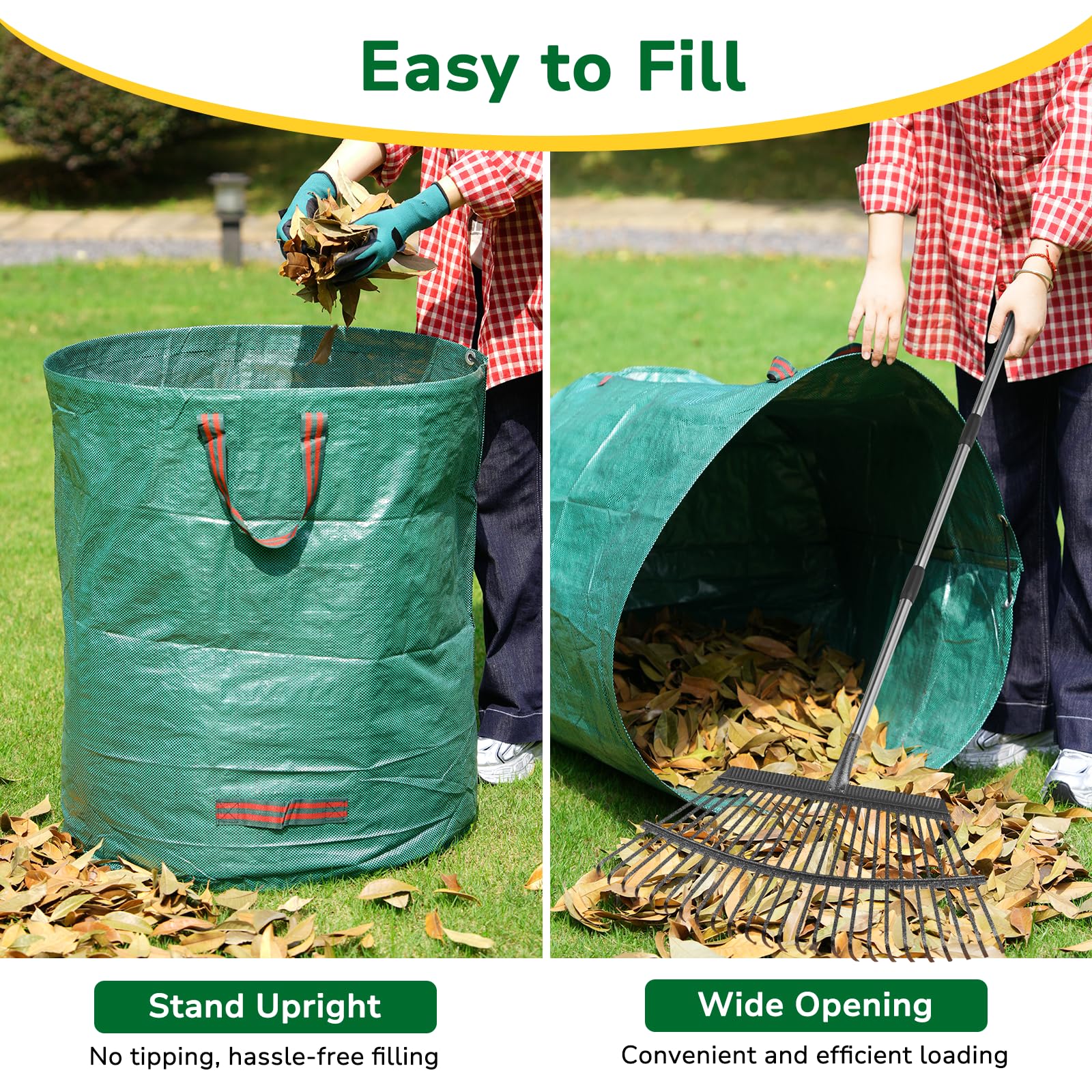 GreatBuddy Bolsa de basura reutilizable de 132 galones, resistente, bolsas verticales para césped con 4 asas reforzadas para recoger hojas de jardín y residuos, ligera