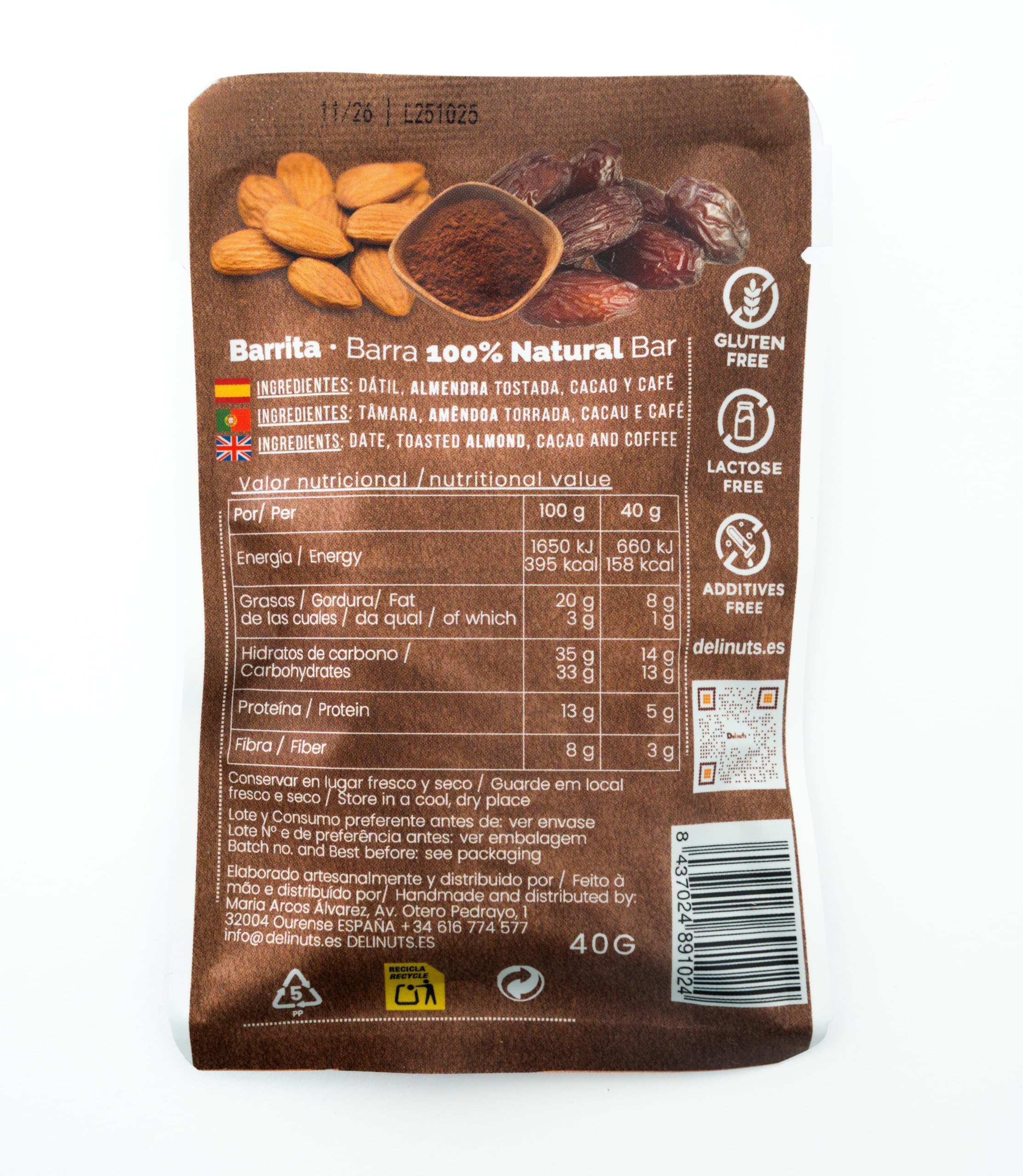 Delinuts Barritas Energeticas Naturales Sin Azucar Anadido Snack Saludable Ingredientes Reales Pack Regalo 5 Unidades Cacao Datiles Almendras