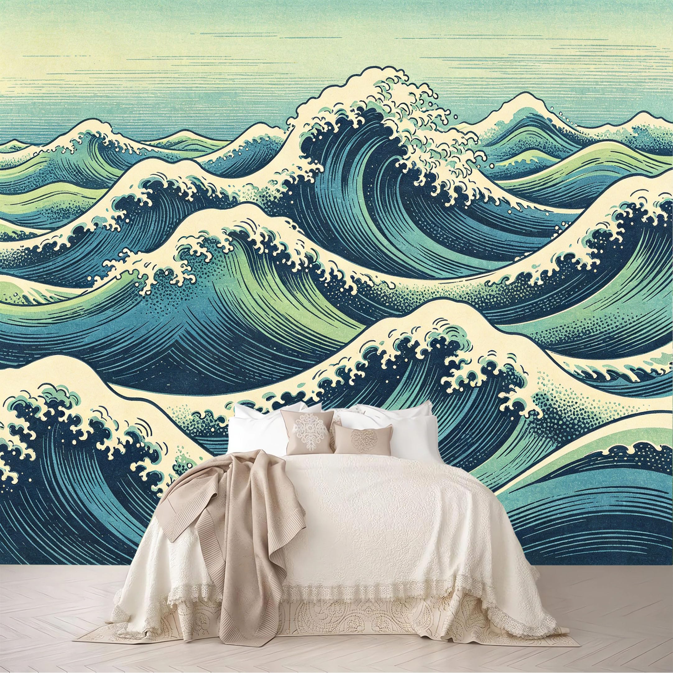 Dskjoviality Ab260706093 Custom Size Wall Murals Vintage Blue Ocean Wave Ukiyo-E Woodblock Print Removable Self-Adhesive For Bedroom Living Room Dining Room