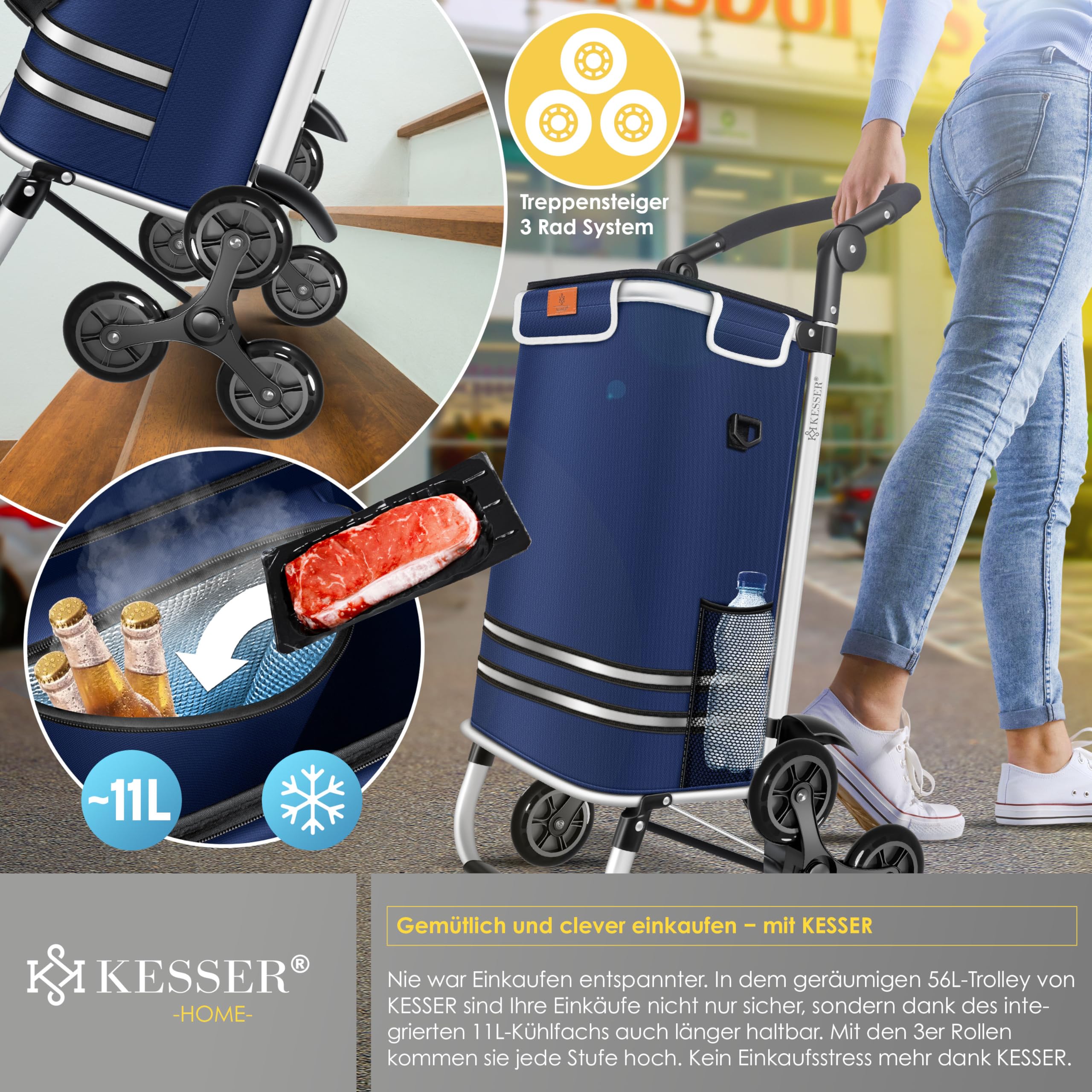 KESSER® Carrello spesa - Montascale con scomparto refrigerante, con Capacità di 56L, Caricabile fino a 50kg, Trolley e borsa a Tracolla 3in1, incl. Chip per la spesa, Pieghevole, Blu marino