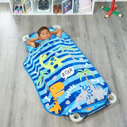 EVERYDAY KIDS Tapete para siesta para niños pequeños con almohada extraíble enrollable y cierre con correas de velcro asa de transporte microfibra