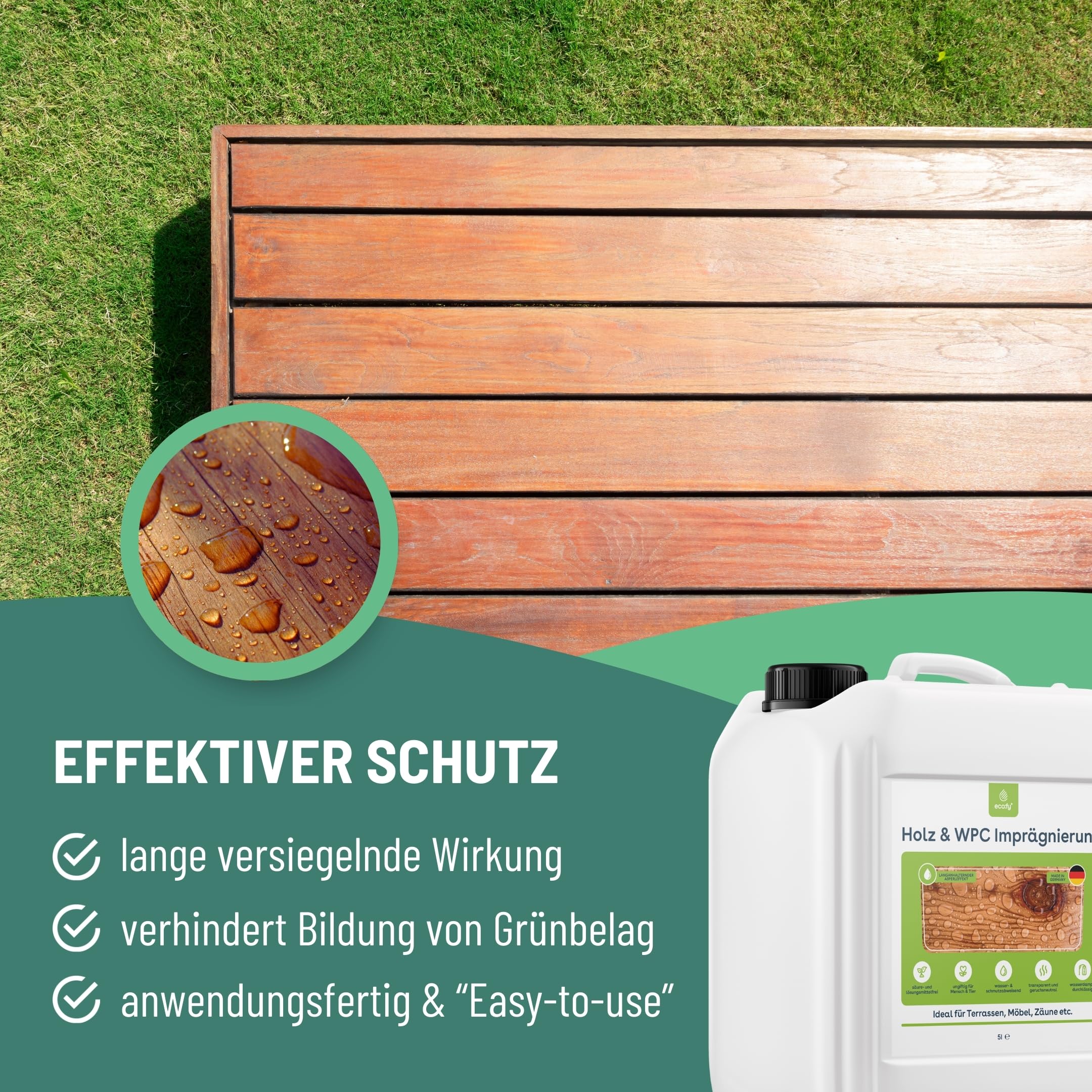Holz & WPC Imprägnierung farblos 10L - Schutz gegen Grünbelag - Holz Imprägnierung für WPC, Terrassen, Möbel & Zäune - biologisch abbaubar, Lösemittelfrei & PFC-frei - Made in Germany