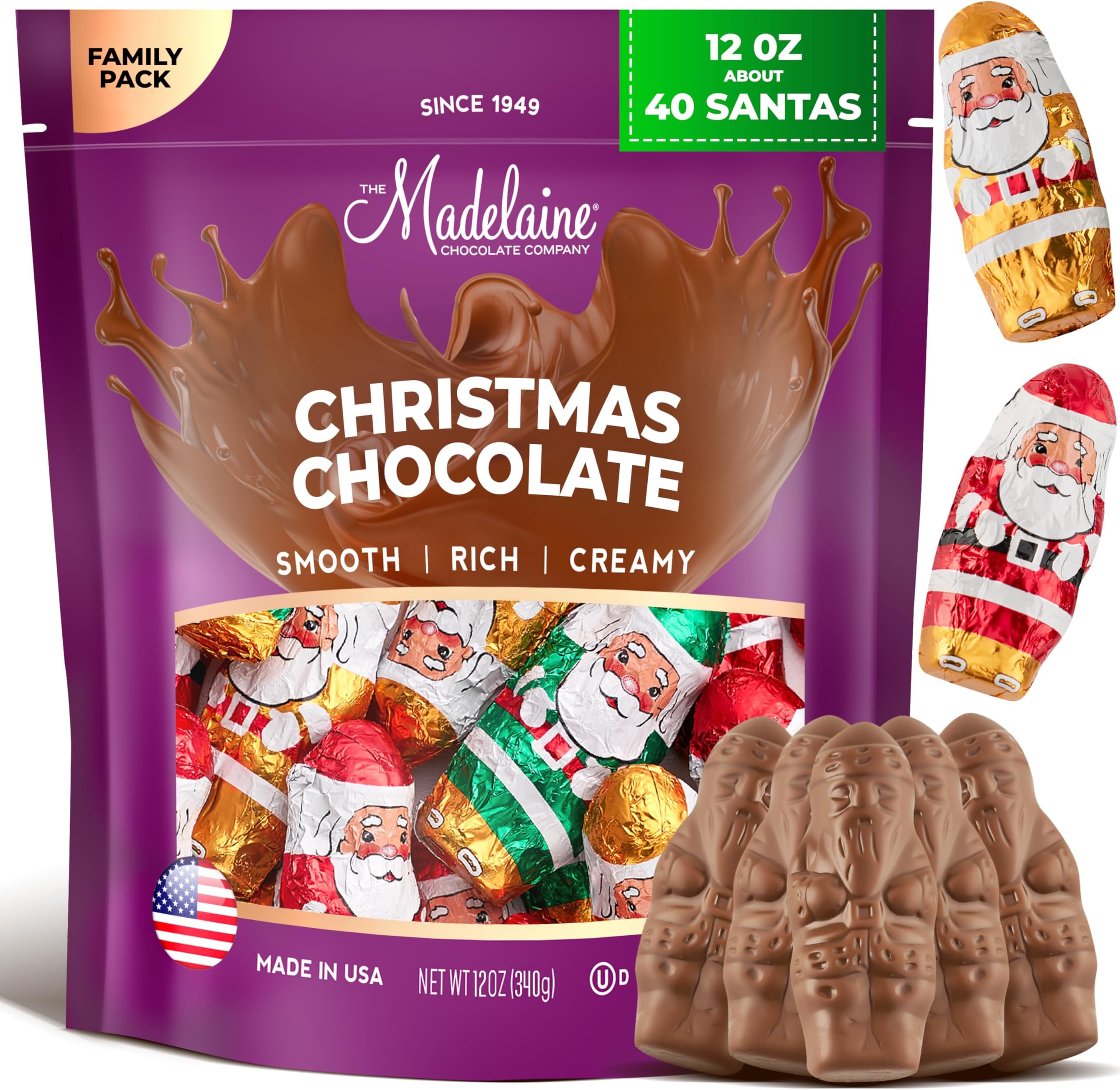 Madelaine Milk Chocolate Mini Santa Candies – Individually Wrapped Holiday Chocolates – Christmas Candy Stocking Stuffers – 12 oz (40 Mini Santas)
