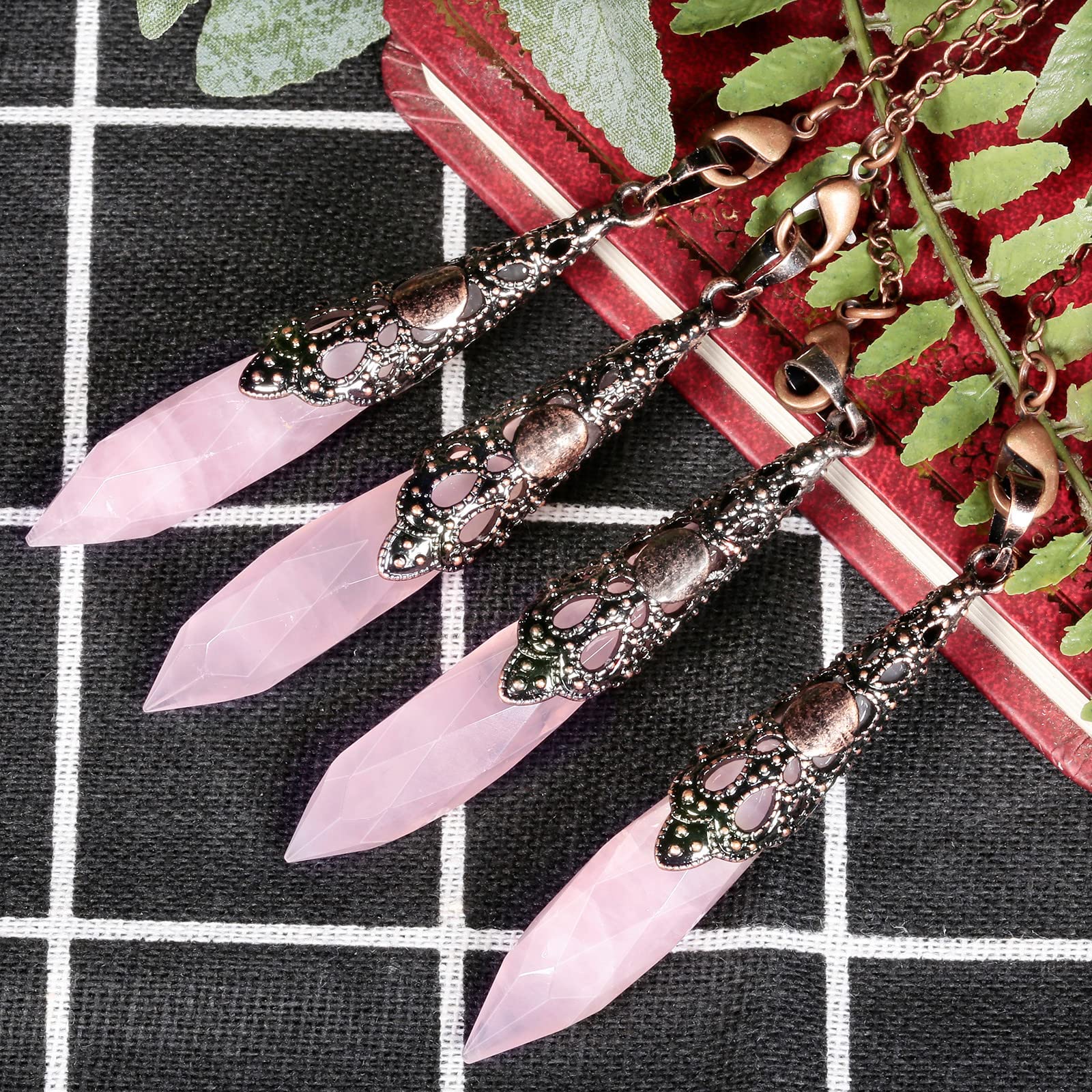 Nupuyai Rose Quartz Crystal Stone Point Pendulum for Scrying Dowsing Divination Faceted Vintage Healing Stone Pendulum with Chain - Image 3
