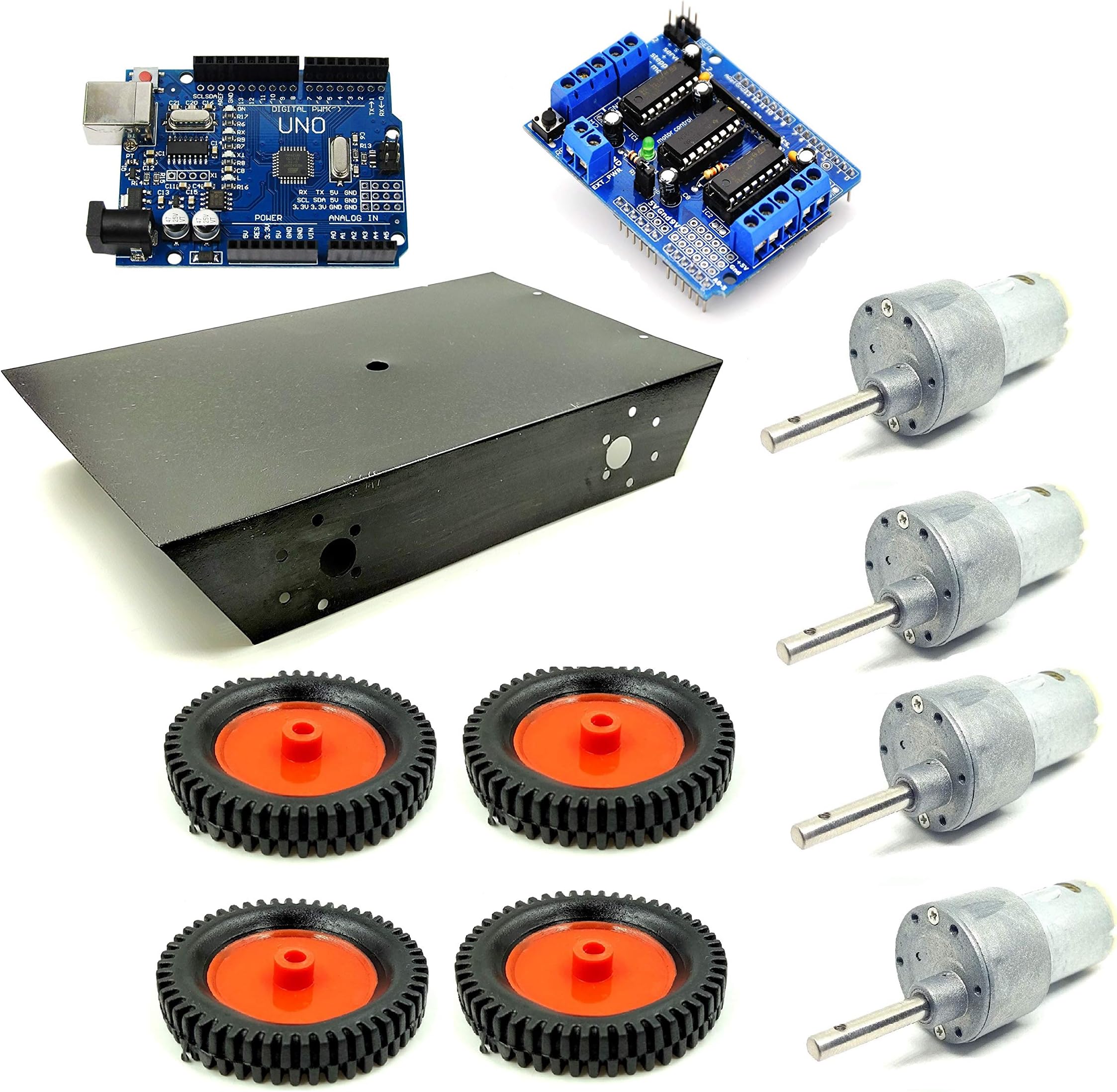 INVENTO 4 Wheel Car Kit Metal Chassis 260x130x45mm + 60 RPM 10 Kg-cm High Torque DC Motor + 75x13 mm Wheel + UNO R3 + L293D Shield Robot Smart Car DIY