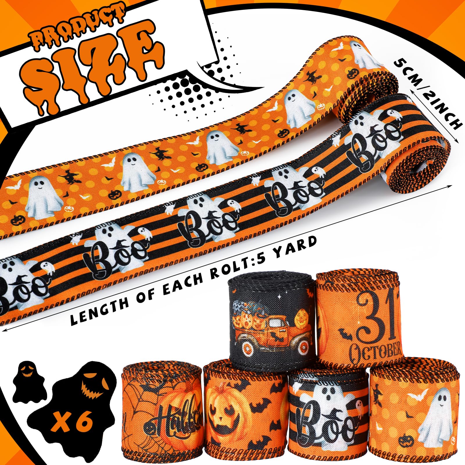 Snapklik.com : 6 Rolls 30 Yards Halloween Ghost Wired Edge Ribbon ...