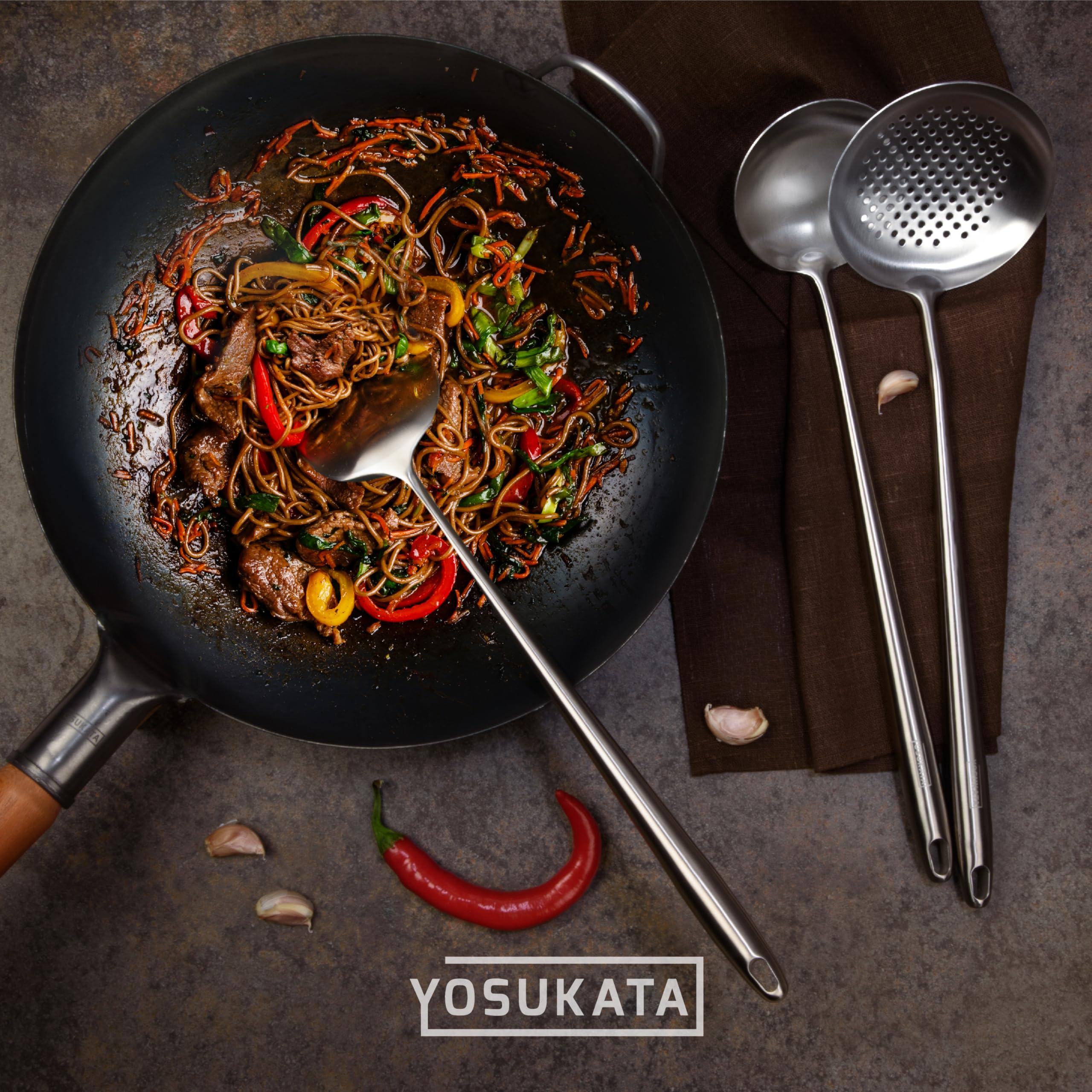 YOSUKATA Wok Schöpflöffel Schaumlöffel und Pfannenwender Edelstah 43 cm- Küchenhelfer Set Edelstahl 304- Schaumkelle - Spachtel Küche - Suppenkelle Edelstahl - Spülmaschinenfester Wok-Zubehör