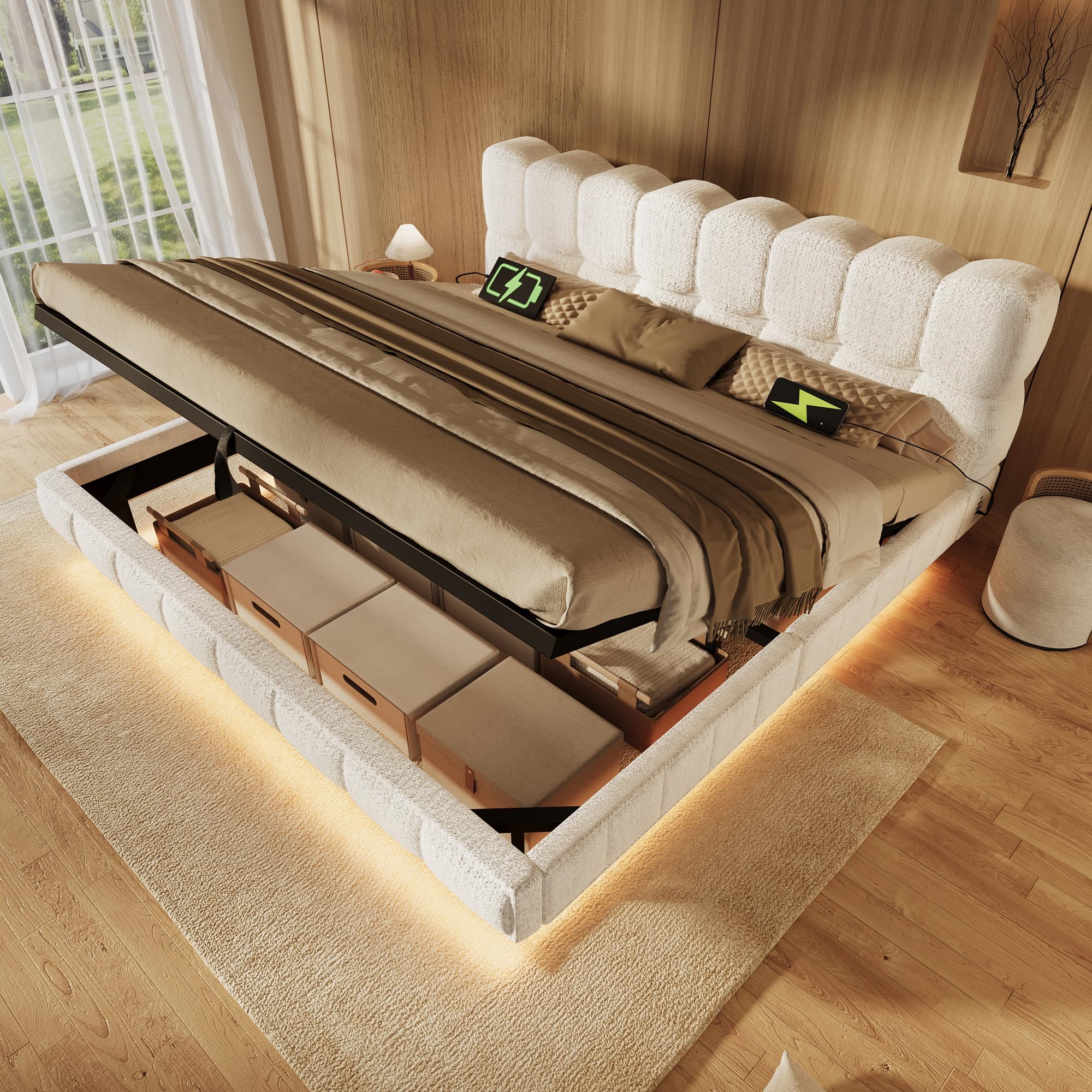 Cama flotante acolchada de matrimonio 140 x 200 cm con somier de láminas, cama colgante con contenedor hidráulico y LED y USB/TypeC, cama con diseño de nube, chenilla, beige, colchón no