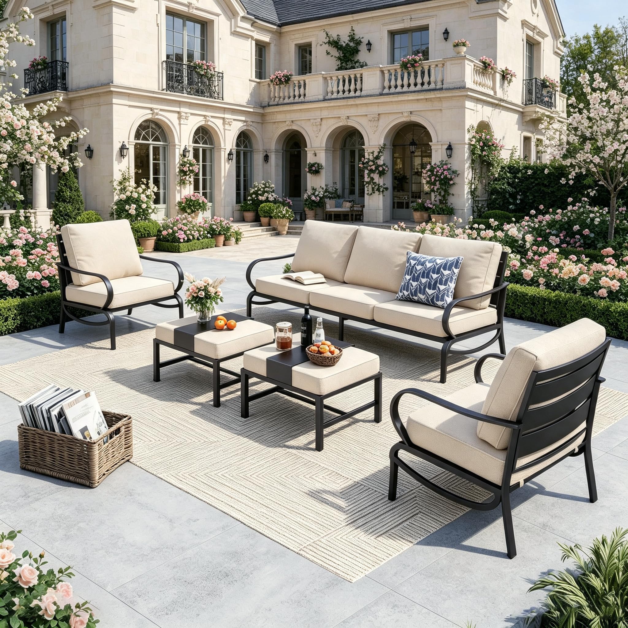 PHI VILLA Gartenmöbelsets 7-Sitzer, 5-teiliges Metall Lounge Möbel Outdoor, Gartenlounge Modulare Terassenmöbel Beige mit 2 Ottomane für Außen, E-Beschichtung Geschmiedeter Rahmen & Dicke Kissen