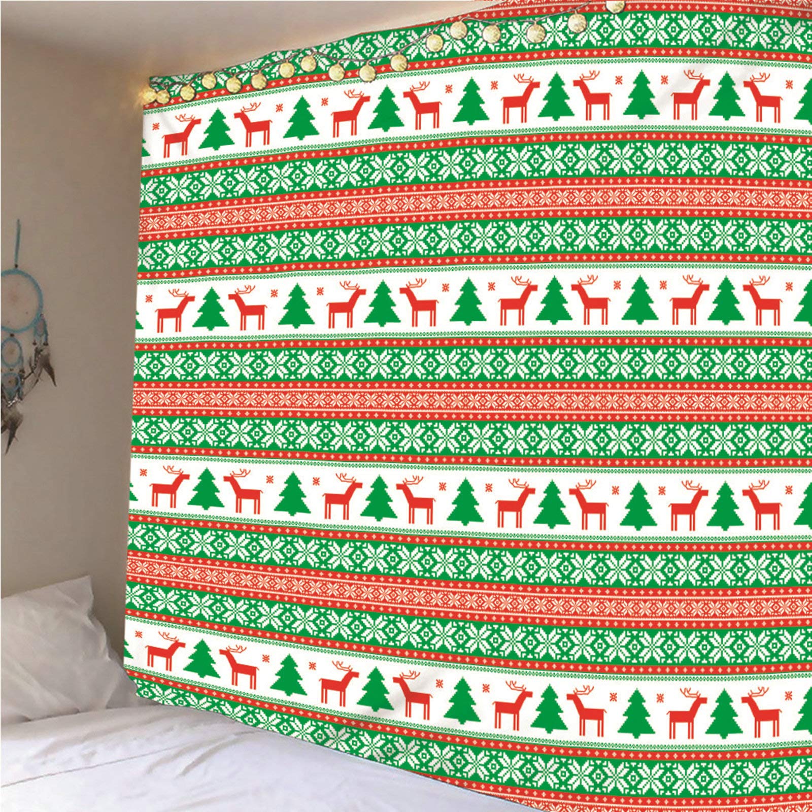 CEVAN Wandteppich XXL 3D Wand Teppiche Kuche Weihnachtsbaum Und Rotwild-Muster Wandteppich Blatt Tapisserie Vorhang Kunst Dekorationen Decke Wandbehang Stoff Rot Grün 350x250cm