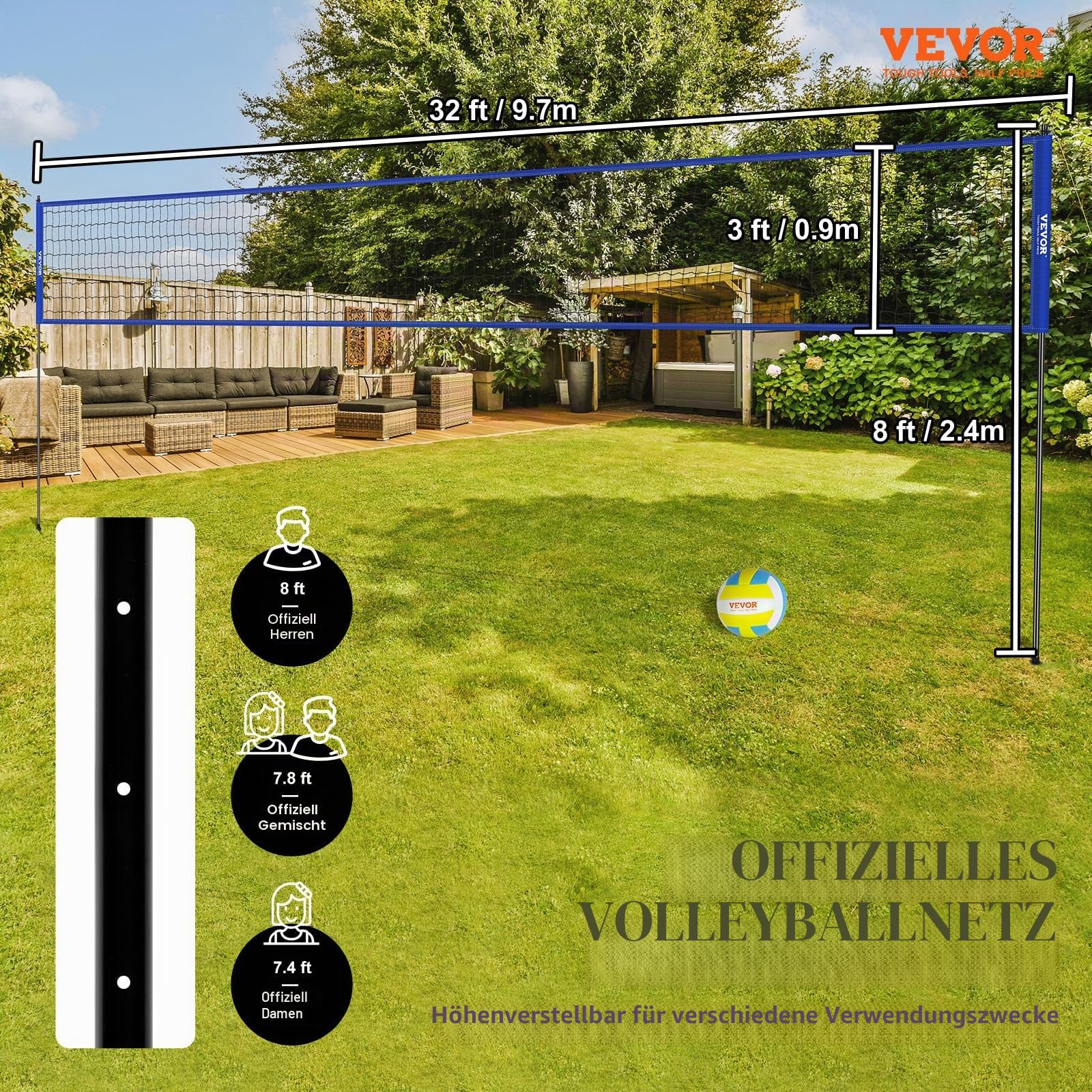 VEVOR Höhenverstellbares Volleyballnetz Set, 9,7 x 2,4 m Tragbarer Beachvolleyball-Netz, Blau Faltbar Mit Volleyball & Tragetasche, Für Garten, Strand