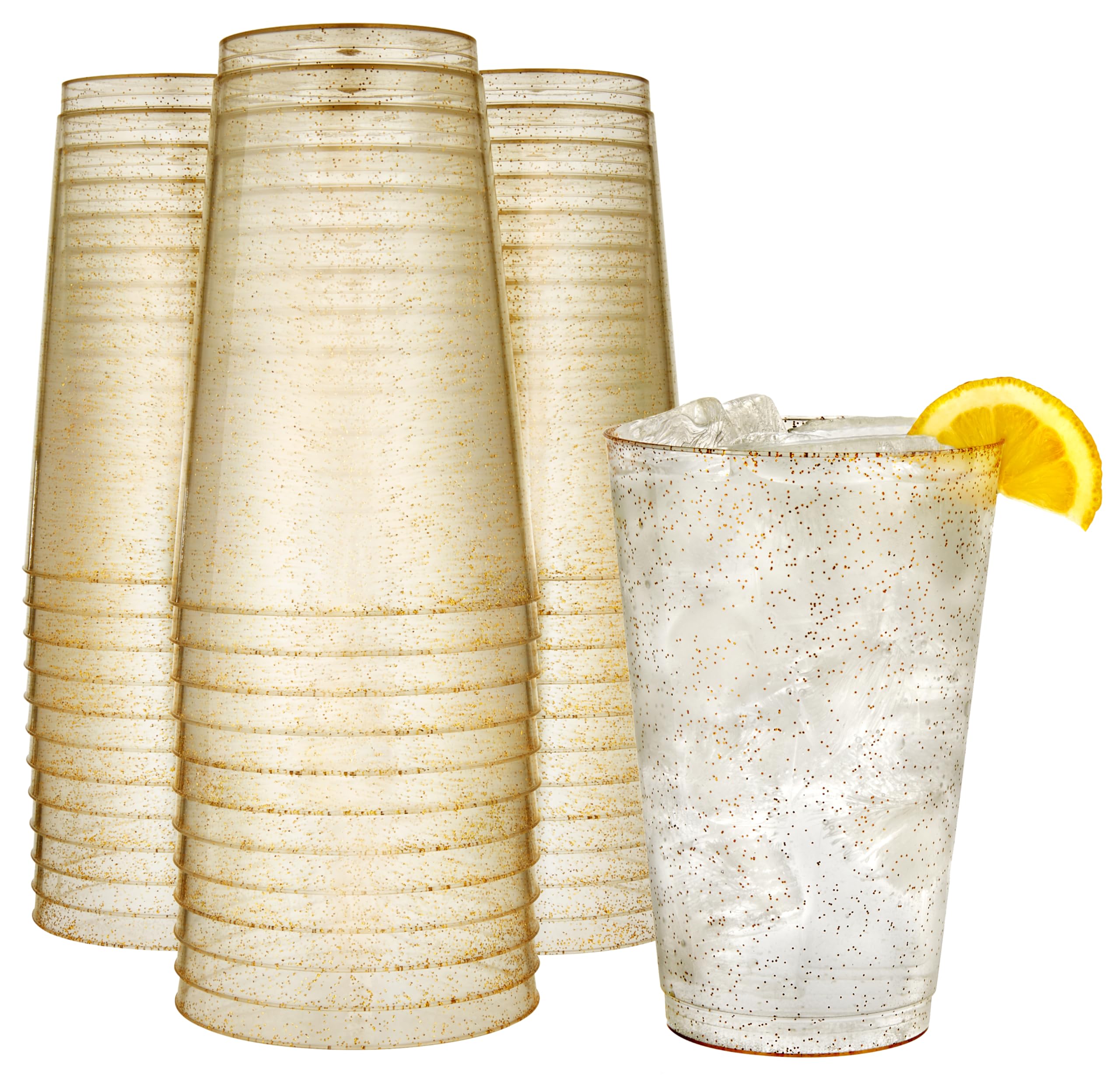 R-kay 12 oz Gold Glitter Plastic Cups For Party - 100 Pack Gold Plastic Cups - Hard Disposable Cups - Premium Heavy Duty Gold Cups - Disposable