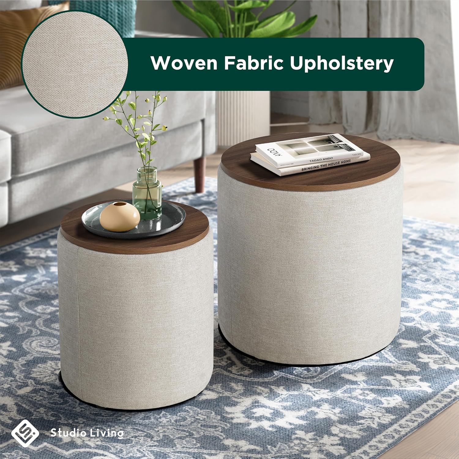 Studio Living® Andale Nesting Storage Ottomans Set of 2, Linen Upholstered Accent Ottomans with Wooden Lids, Hidden Storage, Fully Assembled, Space‑Saving Design