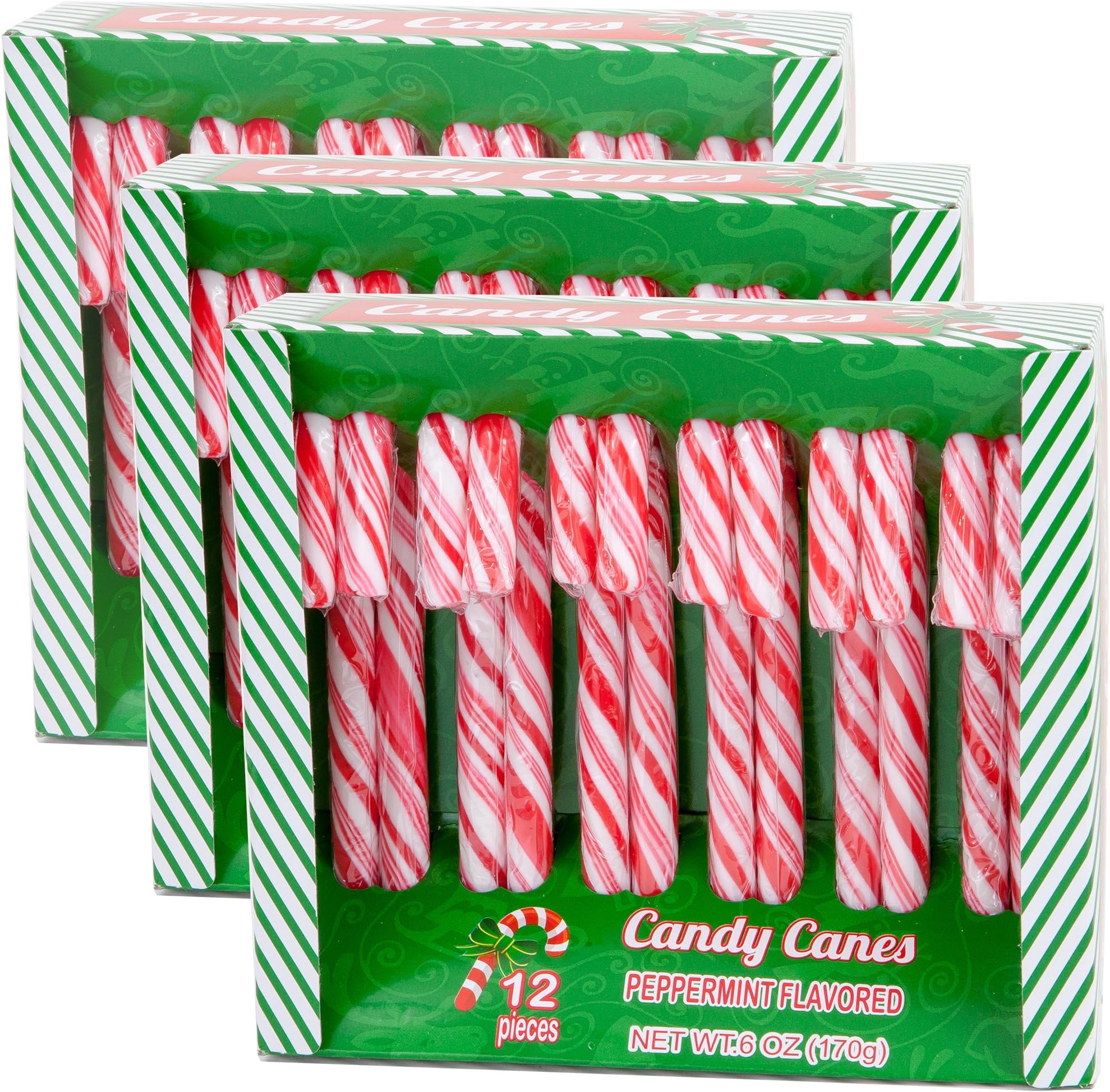 Candy Cane Peppermint Flavored 12 Pieces Net 6 Oz Individually Wrapped | Pack of 3 - 36 Total Count (Peppermint)