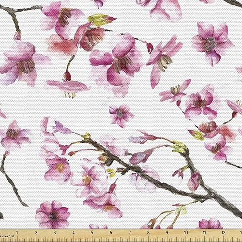 Ambesonne Cherry Blossom Fabric by The Yard, Watercolor Style Oriental Pattern with Sakura Branch, Decorative Fabric for Upholstery and Home Accents, 1 Yard, Green Pink