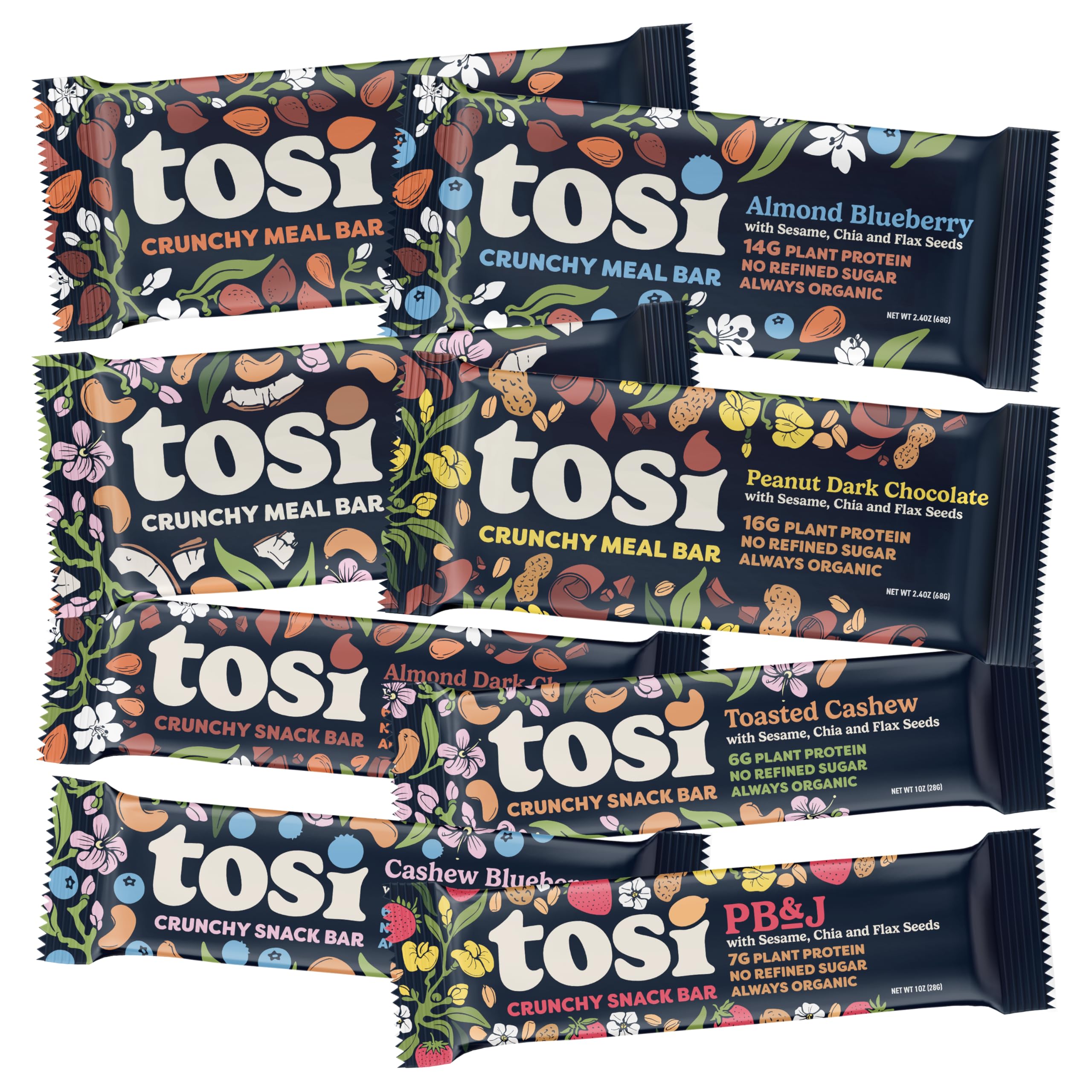 Sponsored Ad - Tosi Variety Pack Protein Bars, Plant Based with Nuts, Gluten-Free Crunchy Snacks, Vegan, Organic, Flax & Chia Seeds, Soy-Free, Omega 3s, 5G-20G Protein, 1 oz and 2.4 oz, 8-Pack