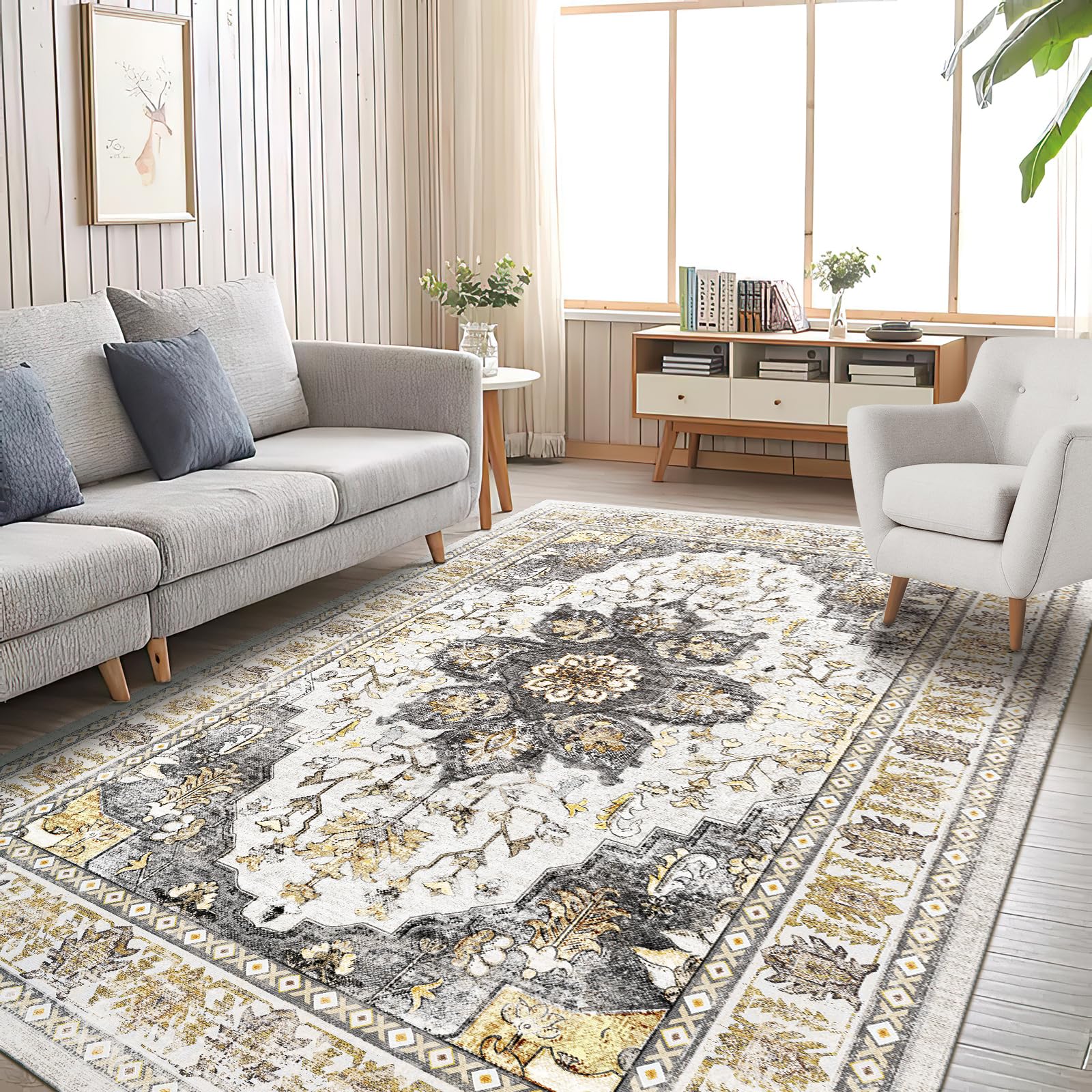 Area Rug 9x12 Rugs for Living Room 9x12 Boho Rug Washable Rugs 9x12 Vintage Area Rugs Carpet for Bedroom Living Room Indoor Distressed Non Slip No Pile, Grey Brown