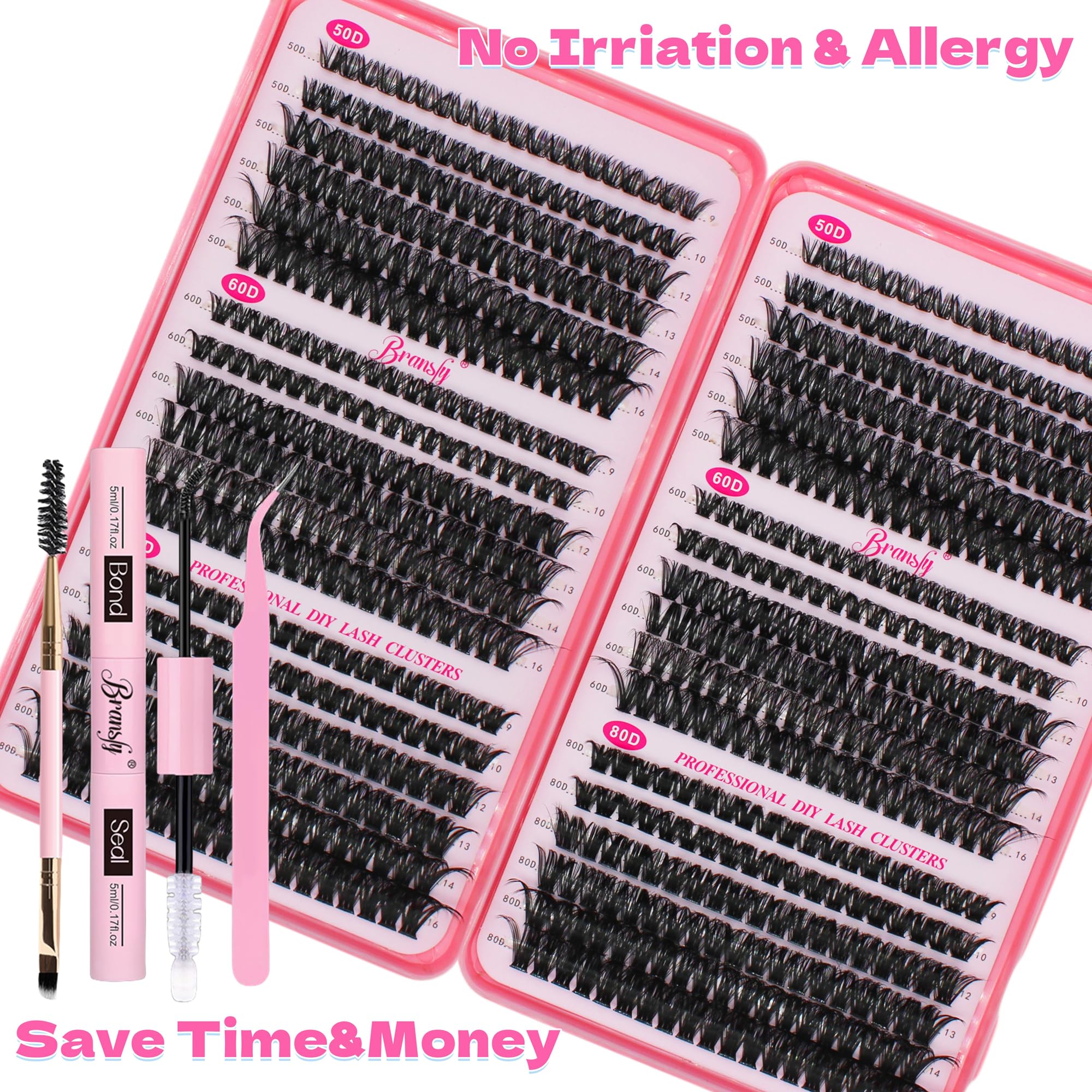 Bransfy 3 Styles 708pcs Lash Clusters Kit DIY Lash Extension Kit D Curl Eyelash Extensions 9-16MM Cluster Lashes with Waterproof Lash Bond and Seal Tweezers(50D+60D+80D,Kit) - Image 3