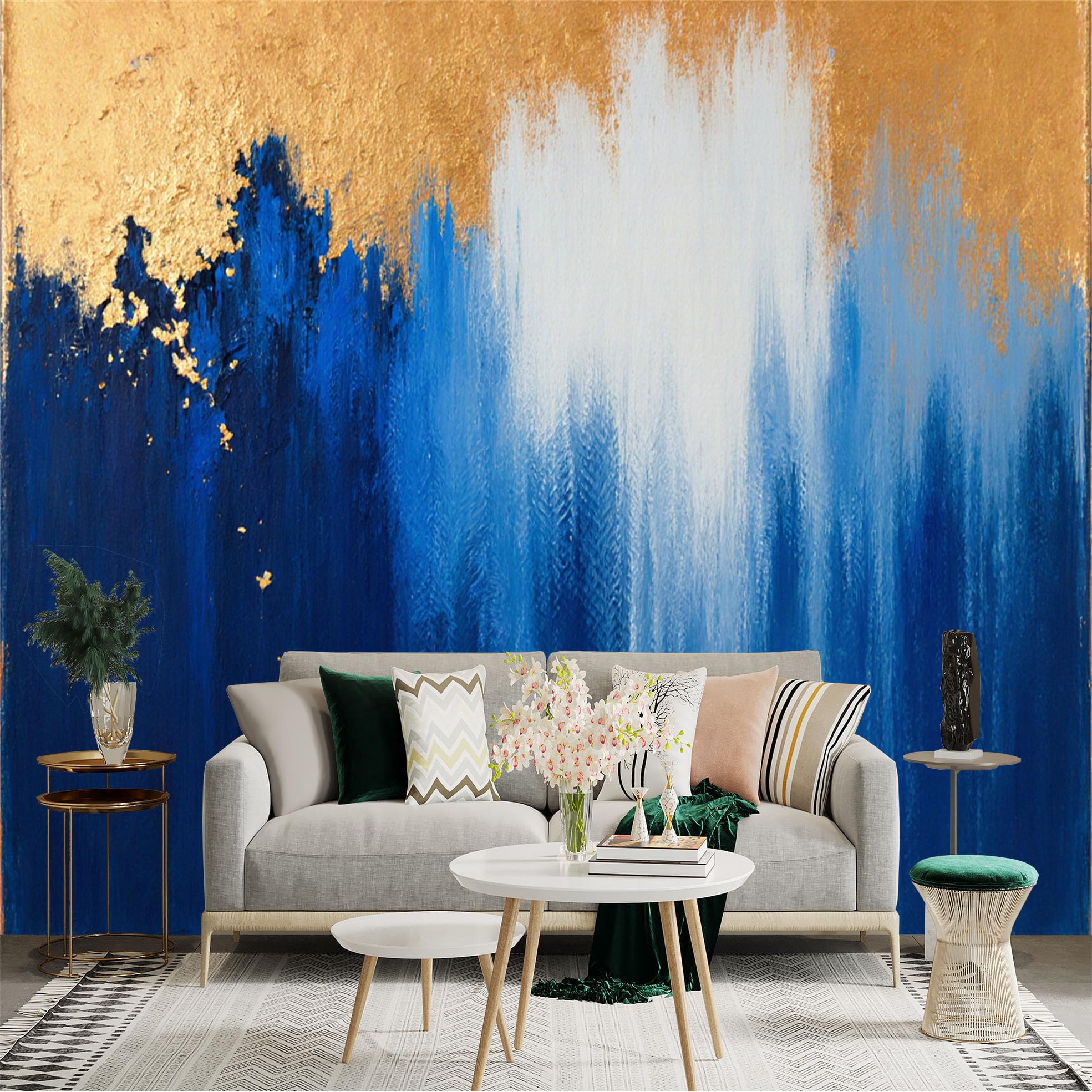 Custom Size Wall Sticker Mural， Abstract Blue and Gold Texture， Modern Artistic Oil Painting Style， Contemporary Home Decor， for wall Decoration， peelandstick wall Decals.
