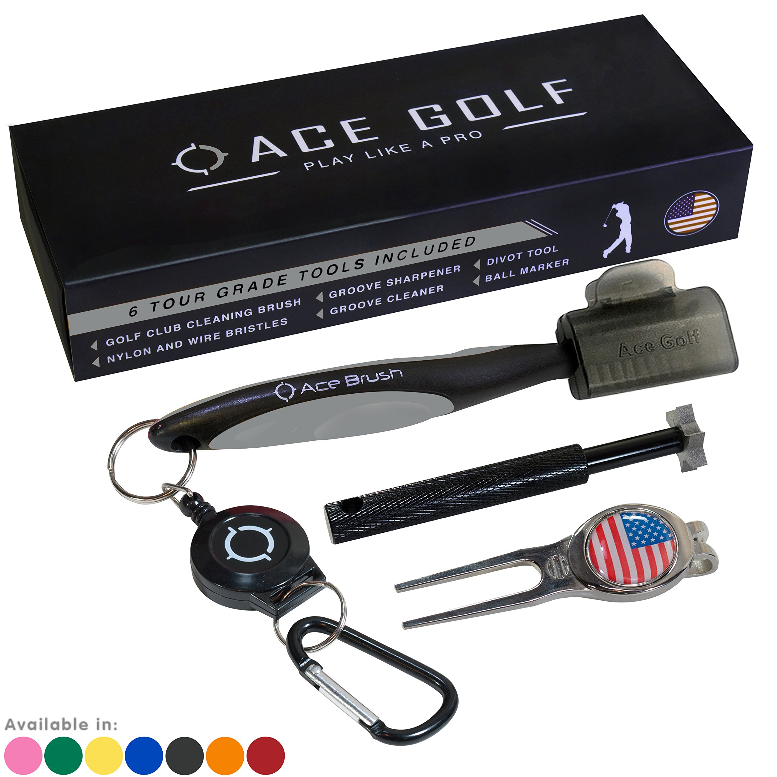 Golf Brush and Club Groove Cleaner Set with Divot Tool, Ball Marker, Groove Sharpener, 2 Ft Retractable Zip-line Aluminum Carabiner, Lightweight, Ergonomic Design, Attaches Golf Bags