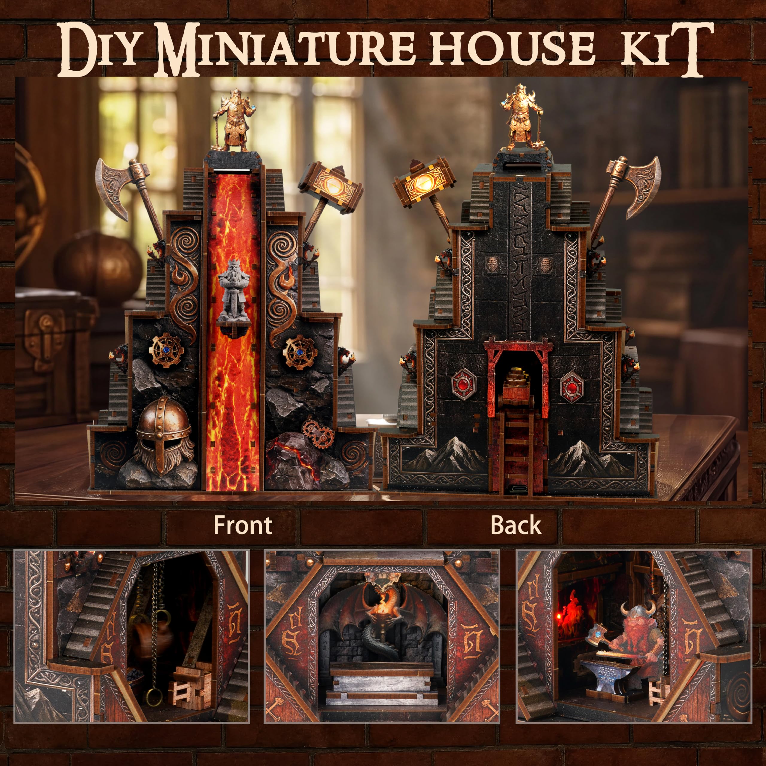 Ironpeak Forgeworks - Kit fai da te in miniatura per adulti, adolescenti, casa delle bambole, libreria, inserto decorativo con luce LED, puzzle in legno 3D per familiari e amici