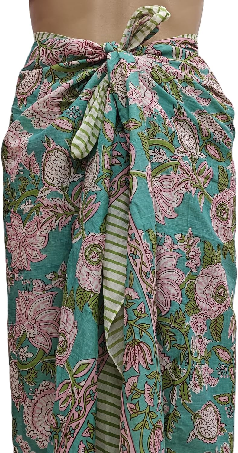 100% Cotton Hand Block Print Pareo Sarong Swimsuit Wrap Skirt Cover Up Long Women’s Apparel Fabric Beach Bikni (73" x 44")
