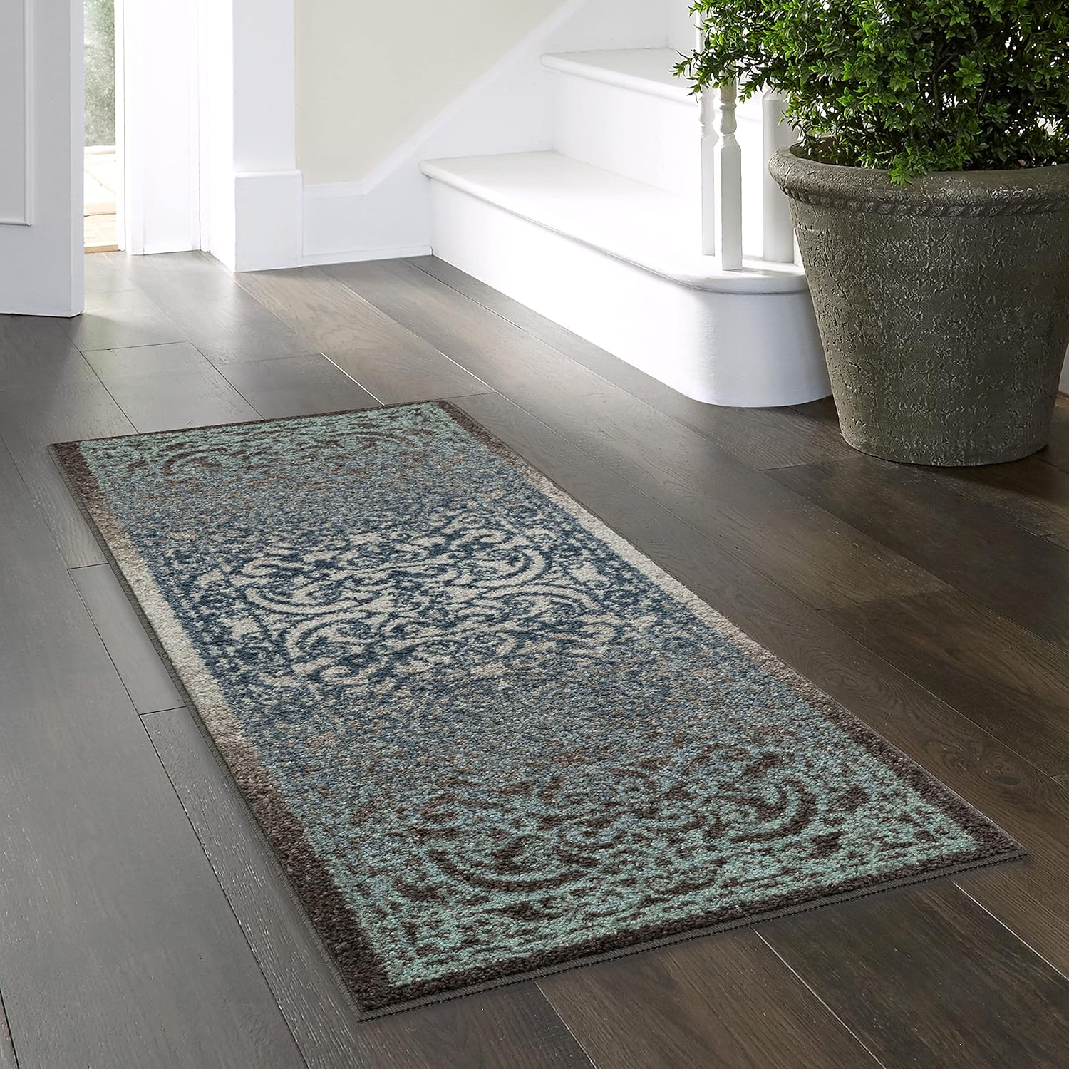 Maples Rugs Pelham Vintage Runner Rug Non Slip Washable Hallway Entry Carpet [Made in USA], 1'8 x 5, Charcoal/Radiant Blue