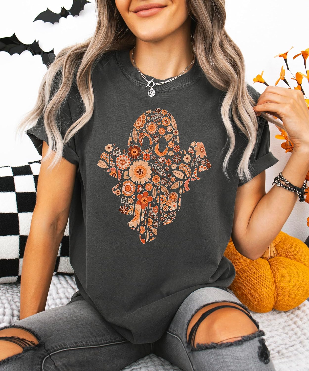 Trendy Orange Floral Ghost Shirt Cute Fall Halloween Graphic T-Shirt