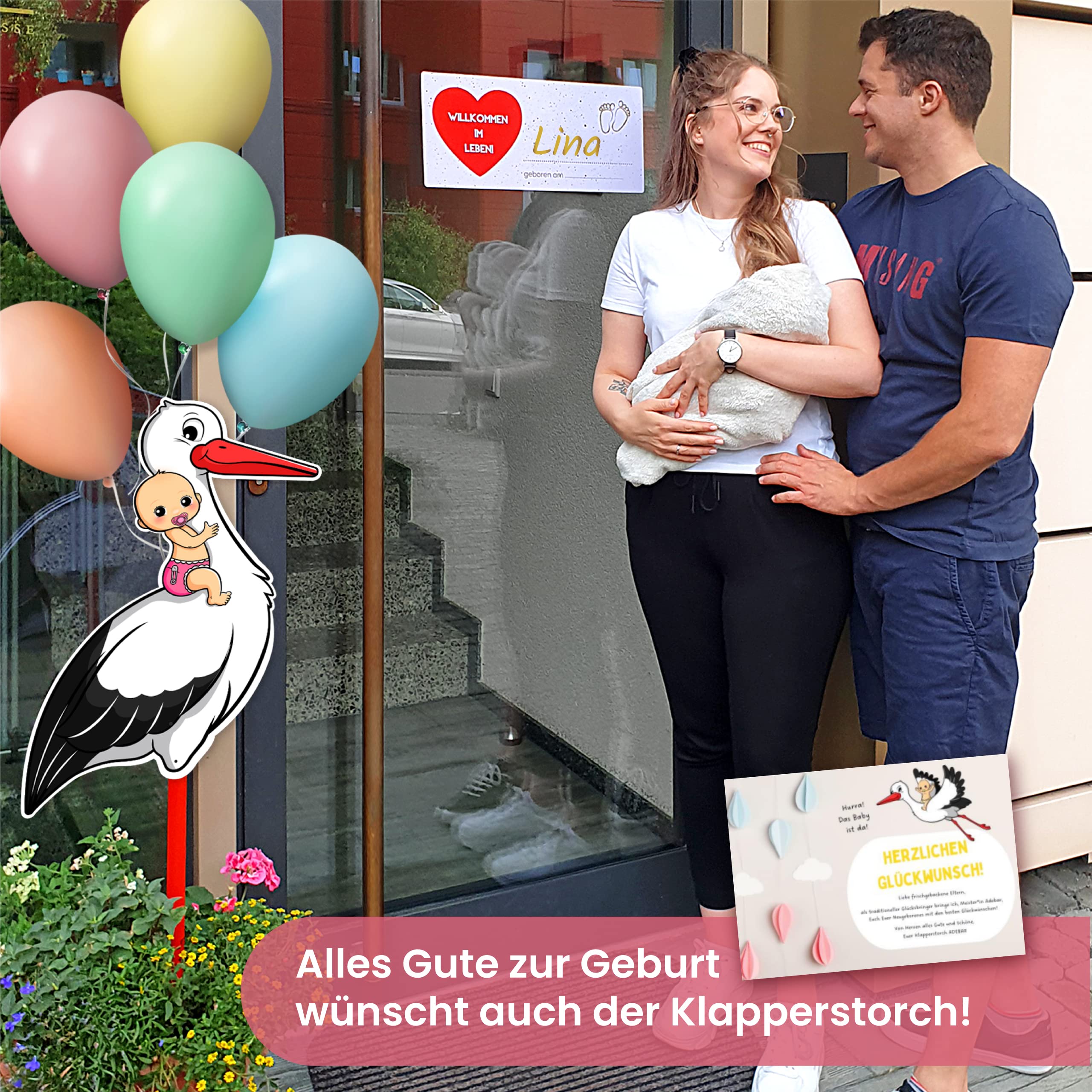 GLÜCKSGUT® Klapperstorch Baby Rosa, 100 cm | 5-teiliges Set | Geburtsstorch inkl. Holzstab + Namensschild + Grußkarte + Stift | Storch Geburt für Draussen & Drinnen | Geburtsgeschenk