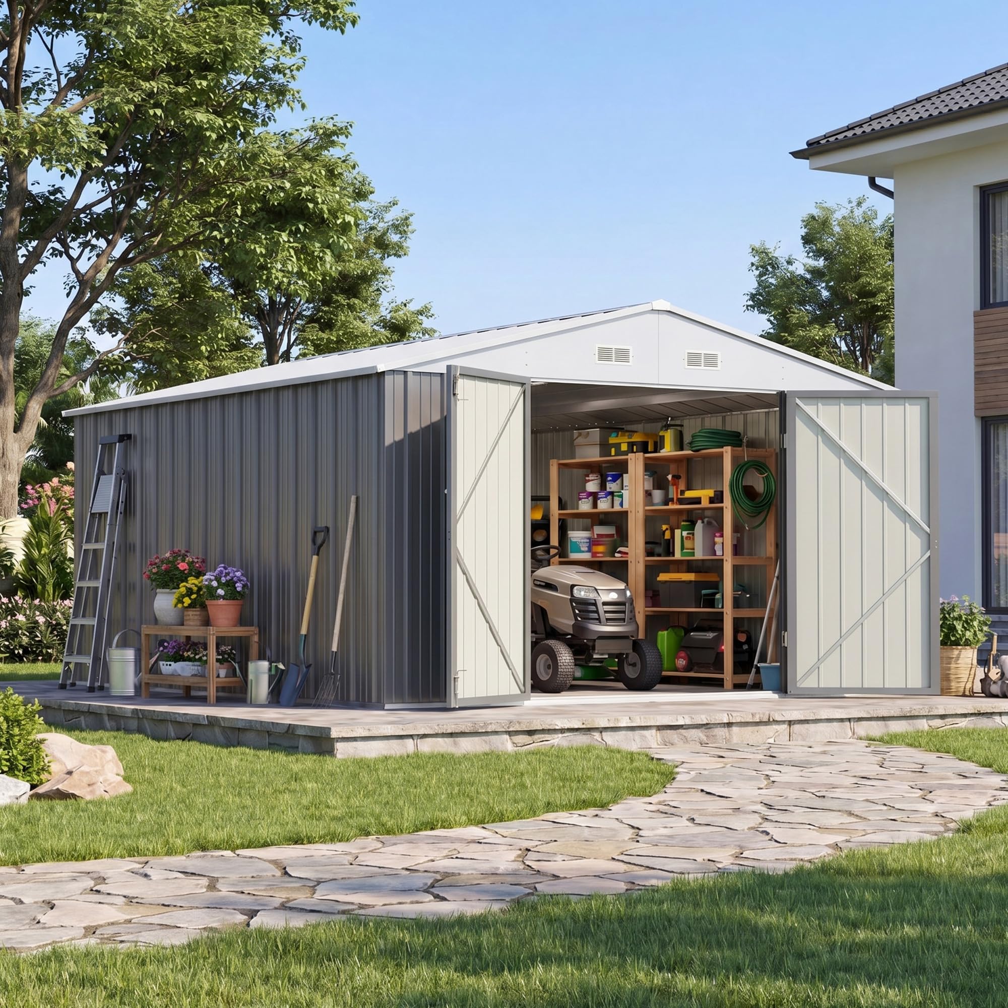 Devoko 10x12 FT Outdoor Storage Shed with Floor Frame, Gray