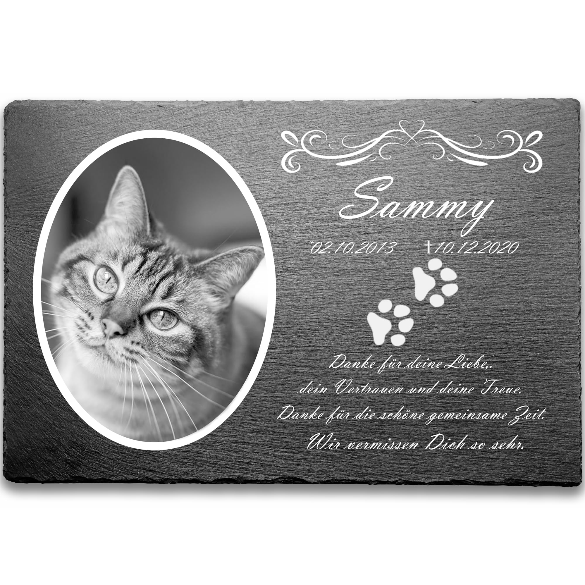 Katzengrabstein mit eigenem Foto und Katzenpfoten, Gedenksteine für Katzen mit personalisierter Gravur Katzen, Gedenksteine aus Naturschiefer 20x30 cm